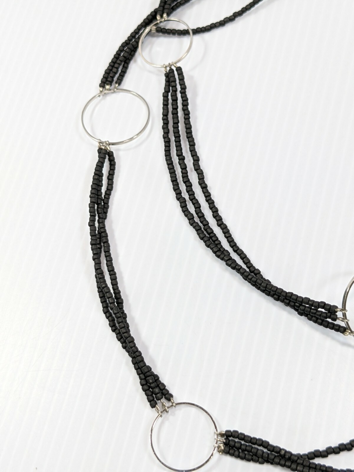 Artisan Silver Tone Black Frosted Glass Bead Open Circle Double Strand Necklace