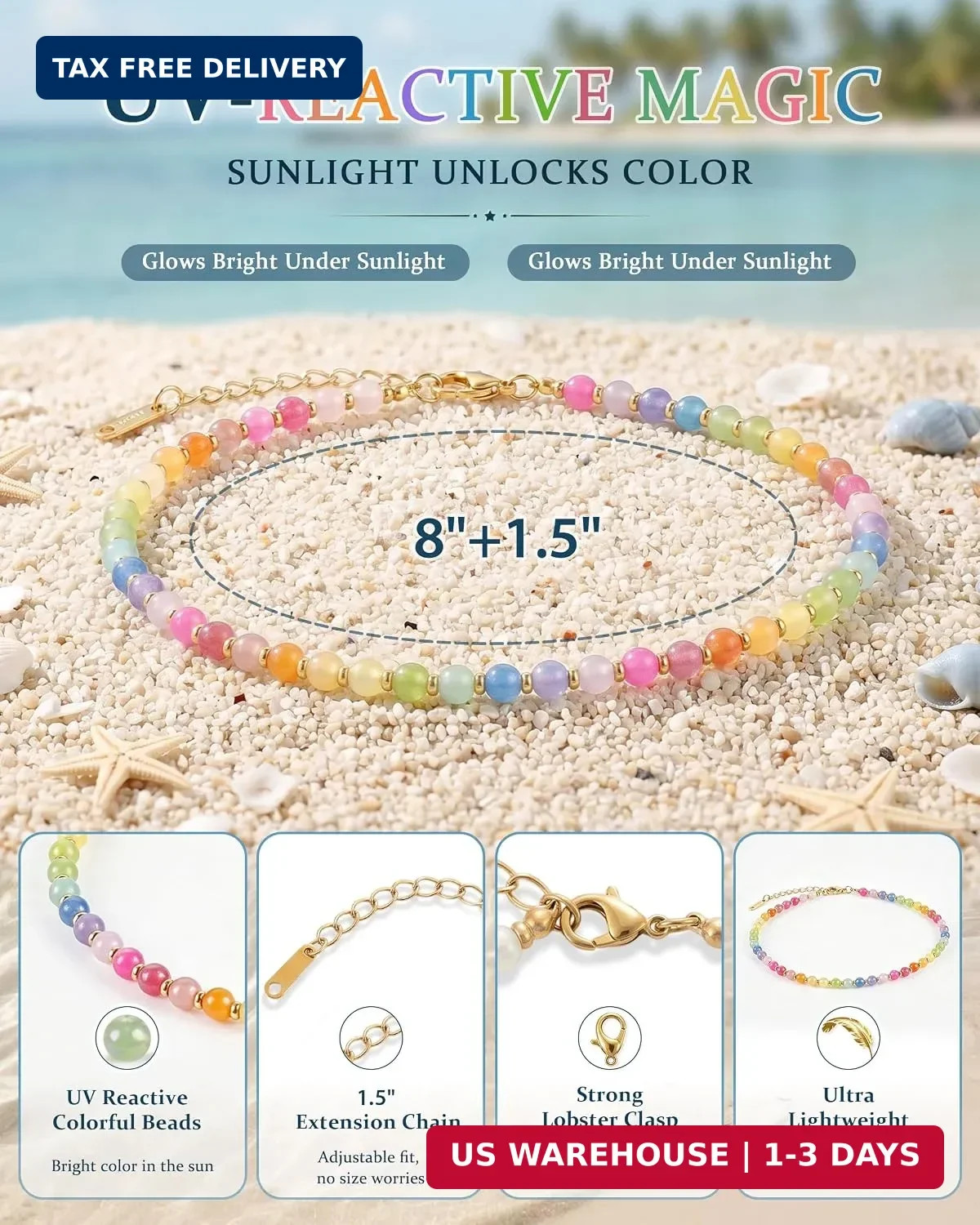 Dopamine Bead Anklet for Women, UV Reactive Colorful Summer Jewelry | UV Reactiv