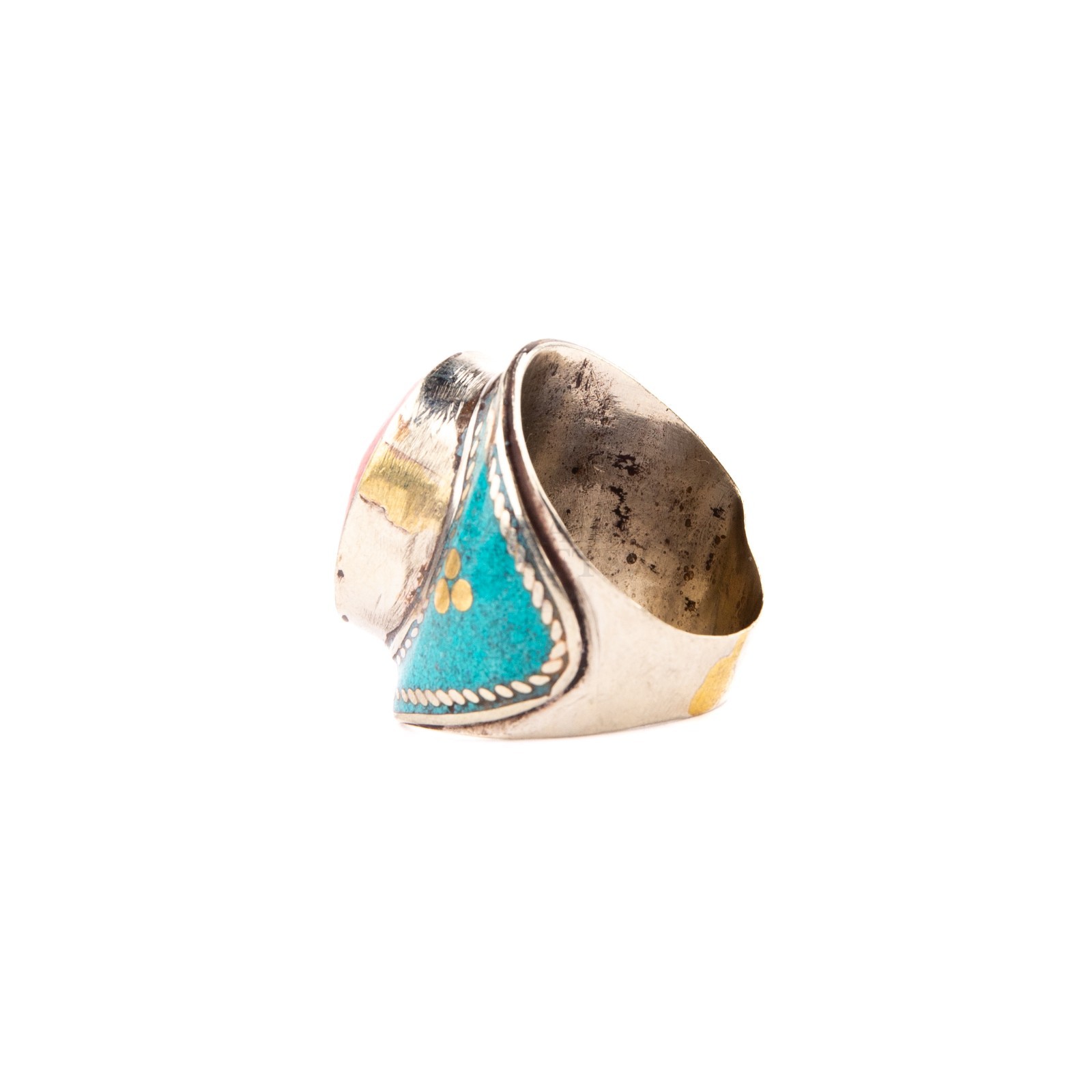 Tibetan Ring, Red Coral Stone Turquoise, Traditional Tibetan Bead Jewelry,