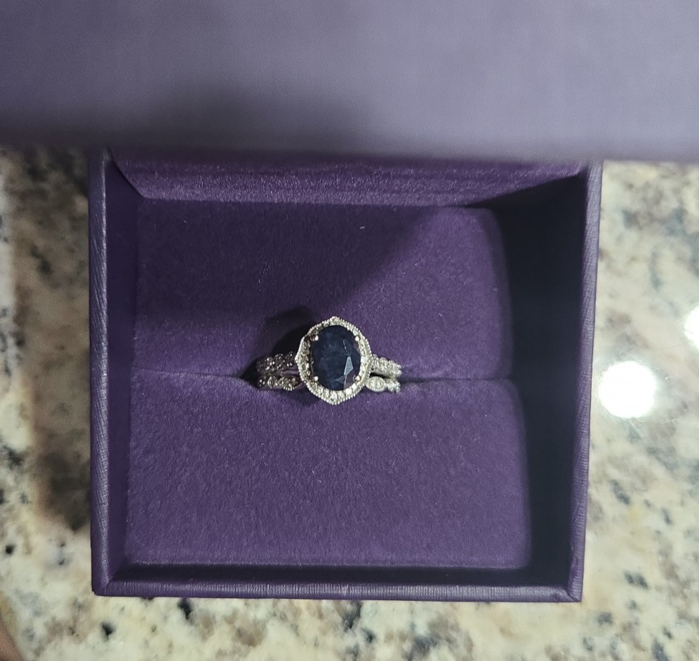 Zales Oval Black Sapphire And 1/5 Ct Tw Diamond Bridal Set In 10k White Gold