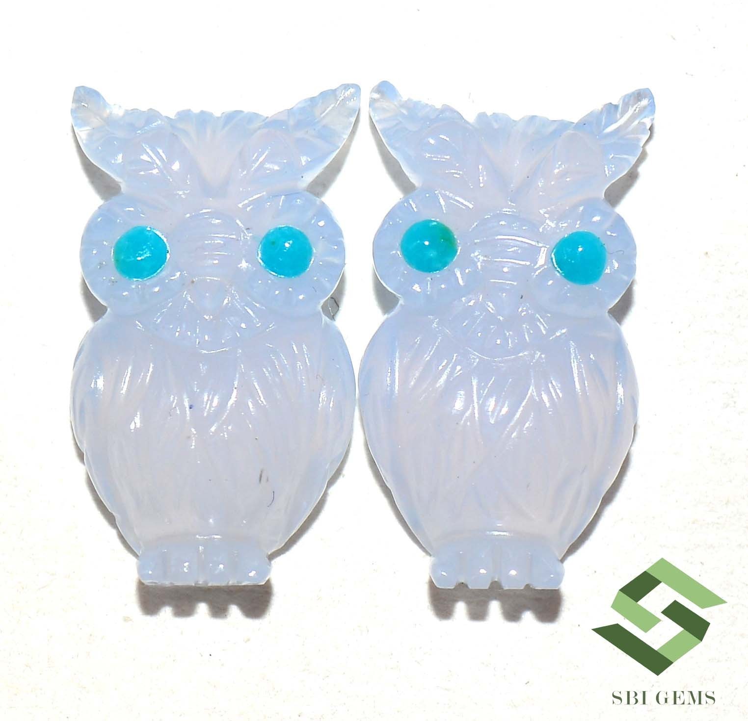 24×14 mm Natural Chalcedony Owl Shape Handmade Carving Pair 27.75 CTS Gemstones