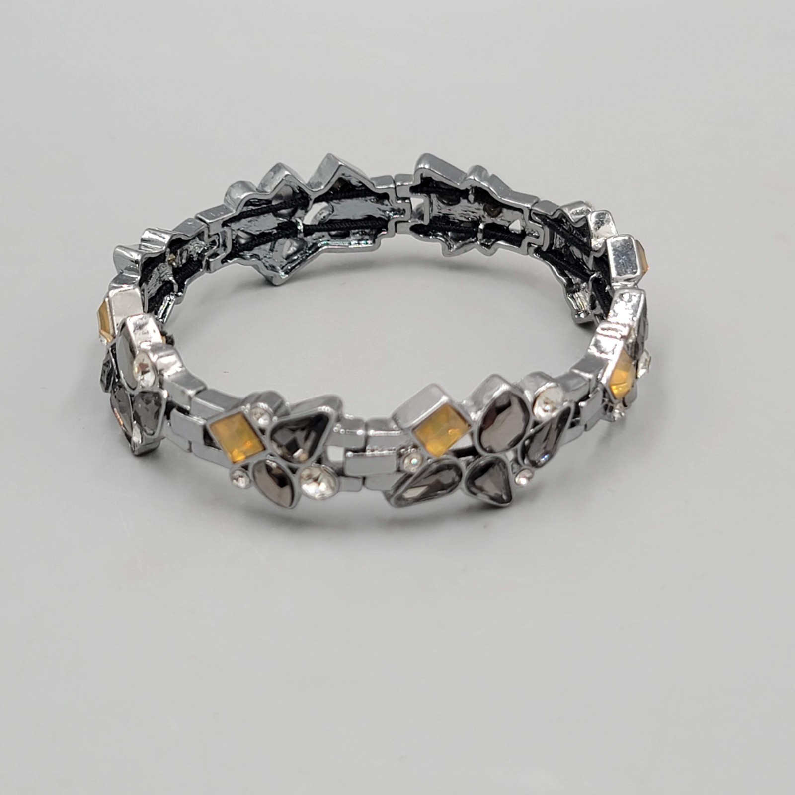 Black Yellow Rhinestone Bracelet Gun Metal Gray Metal Elastic 7″