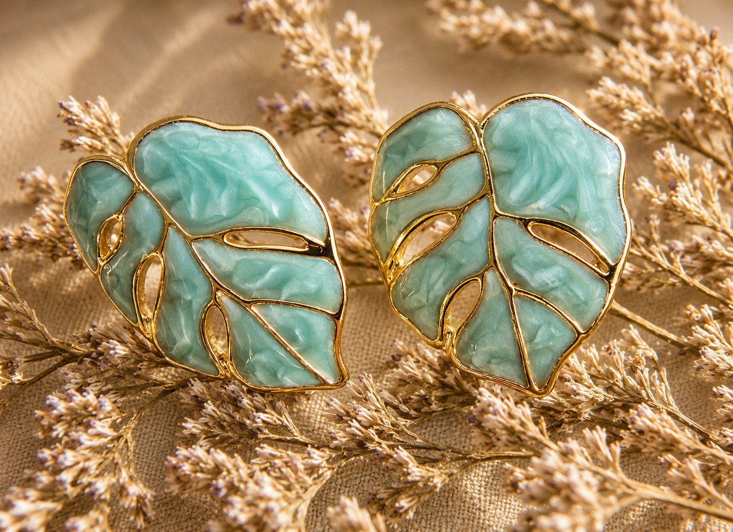 Tropical Plant Leaf Stud Earrings, Botanical Enamel Studs