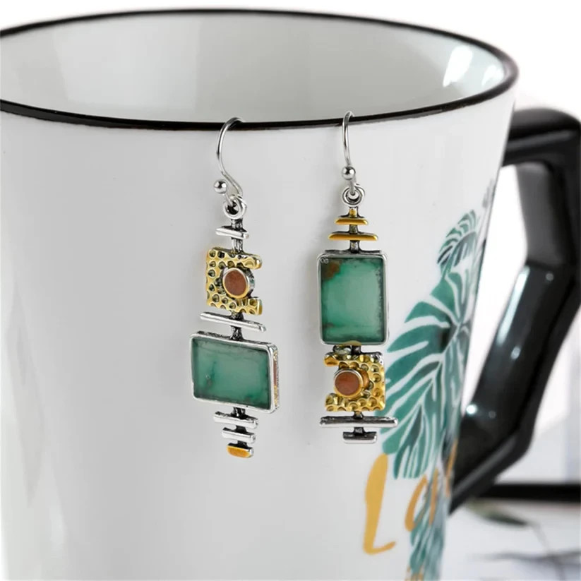 Green Turquoise Geometric Dangle Earrings Silver Gold Boho Drop