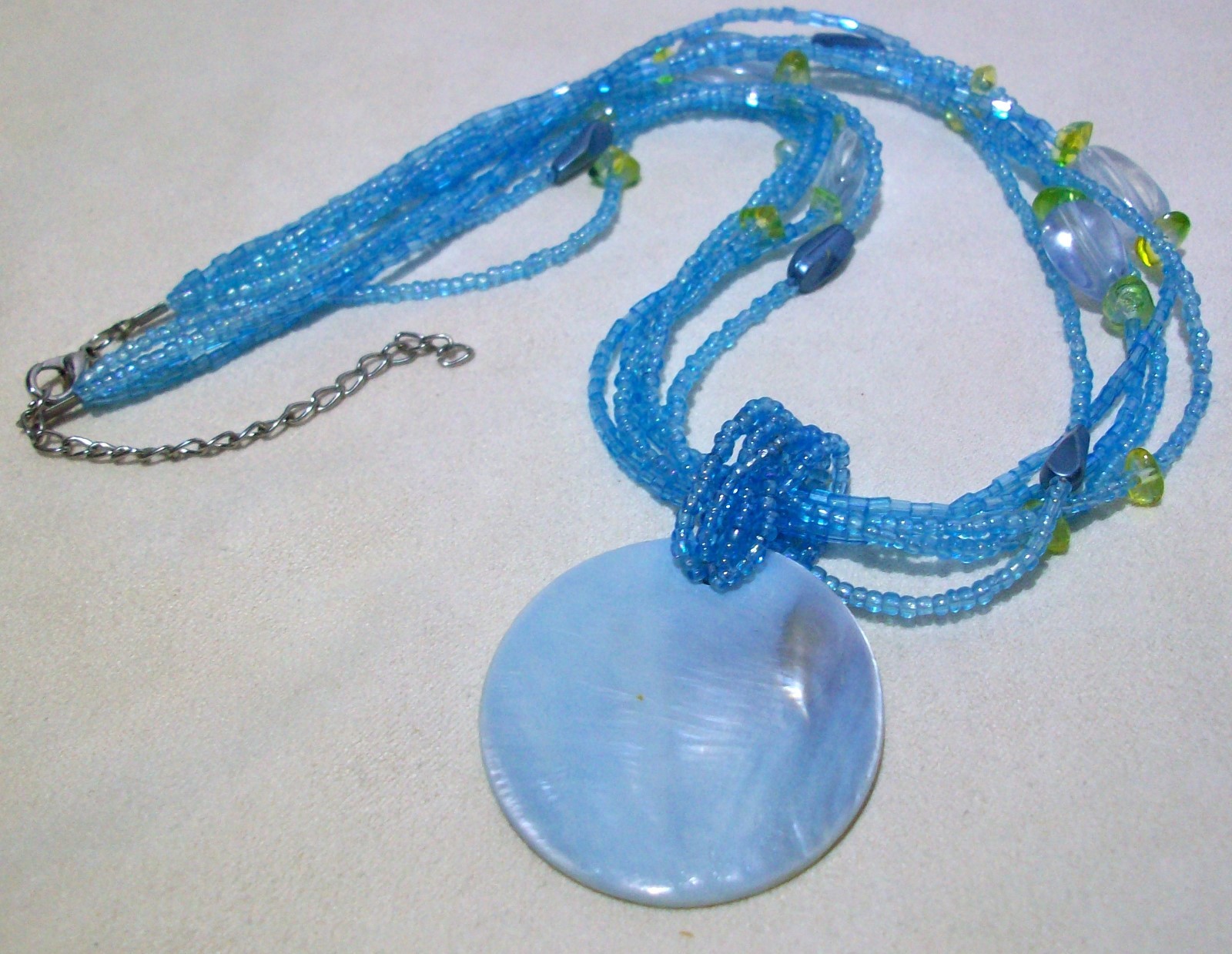 Natural Shell Pendant Necklace Blue Multi Strand Seed Beads Beach Vacation 22″