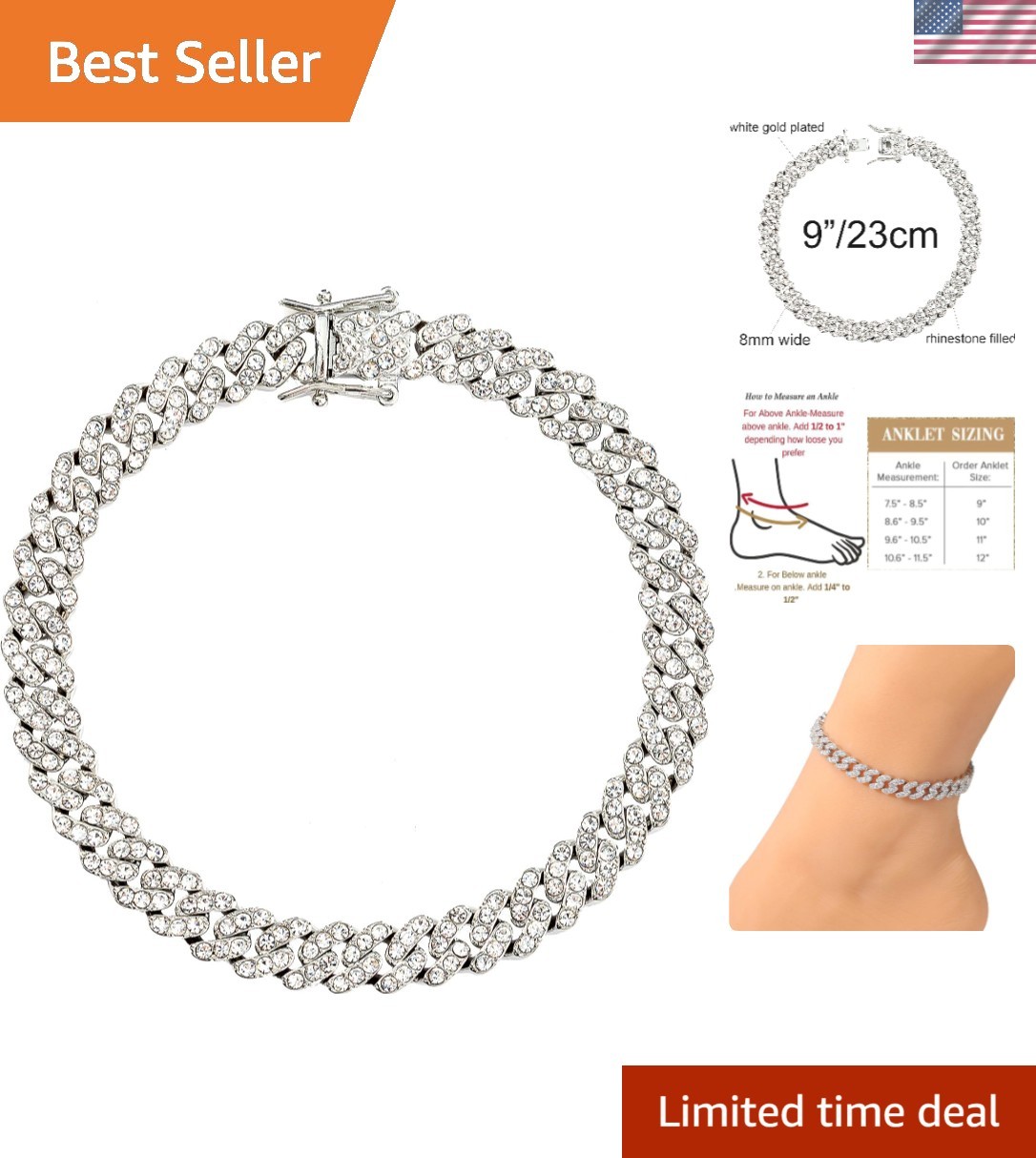 Luxury Cuban Link Anklet – 18K Gold/White Gold Plated with Rhinestones, 9″-11″