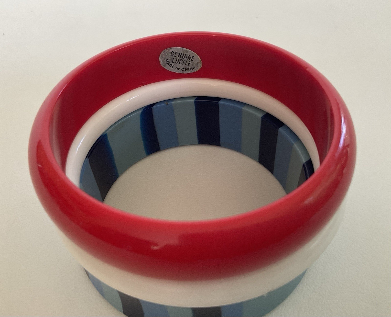 Vintage Lot 3 Chunky Bangles Red White Blue Stripes Lucite Plastic Mix Retro