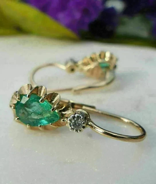 14K Yellow Gold Plated 2CT Pear Cut Simulated Green Emerald Drop Dangle Earrings