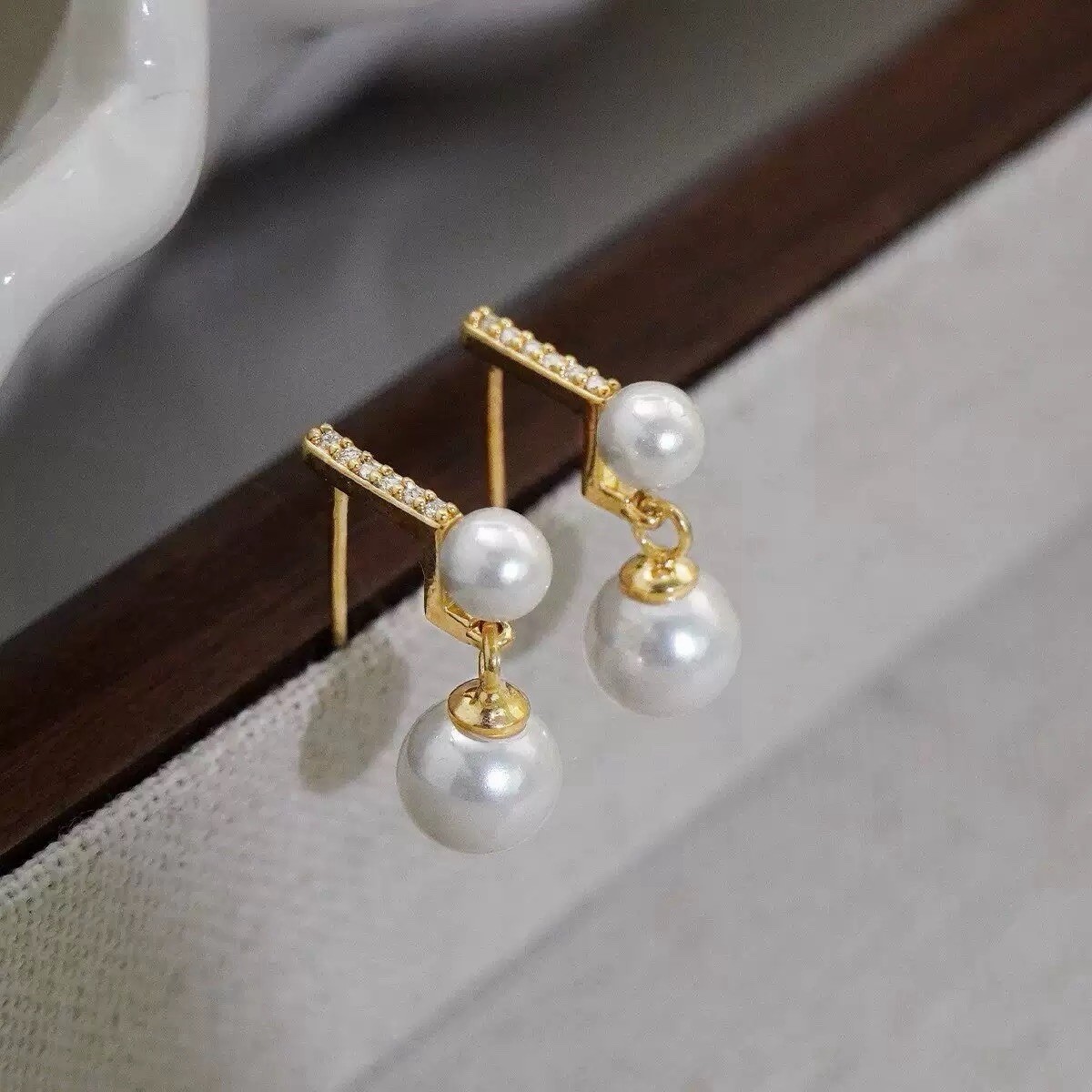 18K Gold Plated Double Pearl Drop Stud Earrings Dainty CZ Bar Pearl Earrings B23