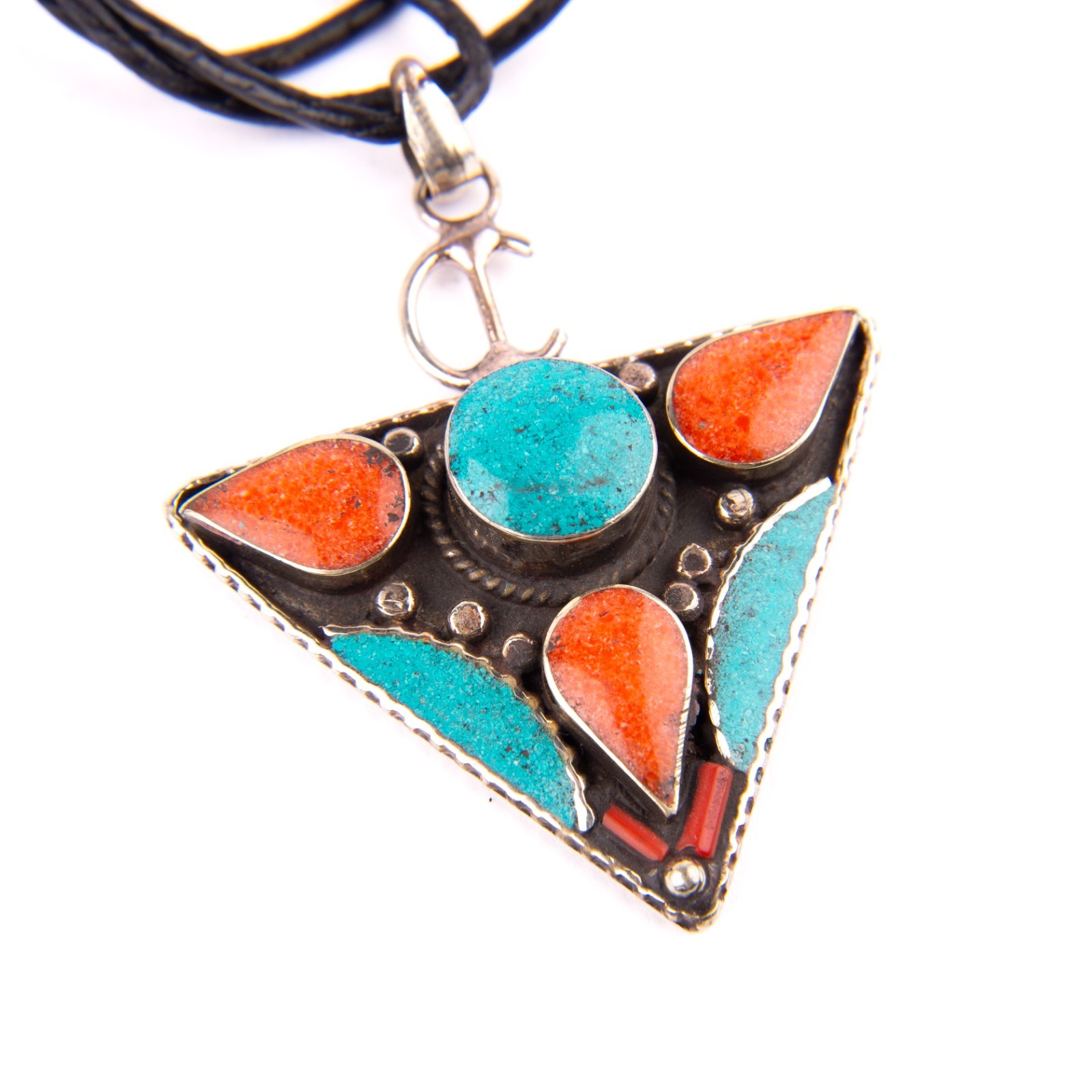 Tibetan Pendant, Tazerzit Pendant, Turquoise Stone Amulet Coral, Handmade