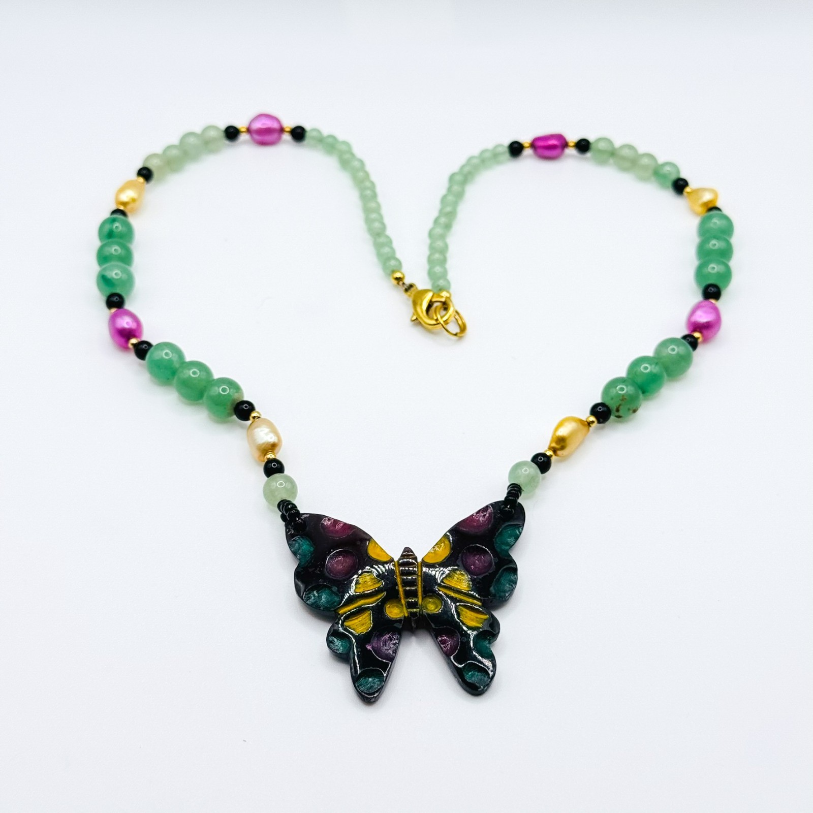 Multicolour Green Glass Butterfly Pendant Beaded Necklace 51cm Bead Artisan
