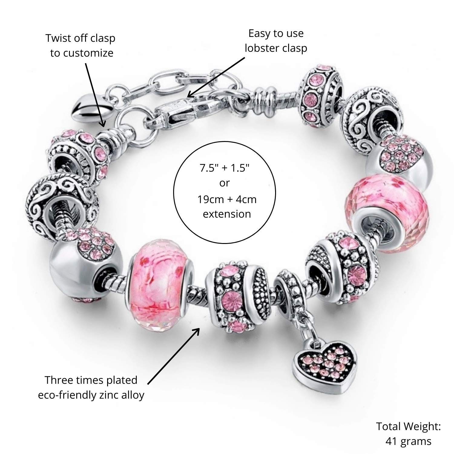 Capital Charms Pink Hearts Silver Plated Charm Bracelet Set, Jewelry Gifts wi…