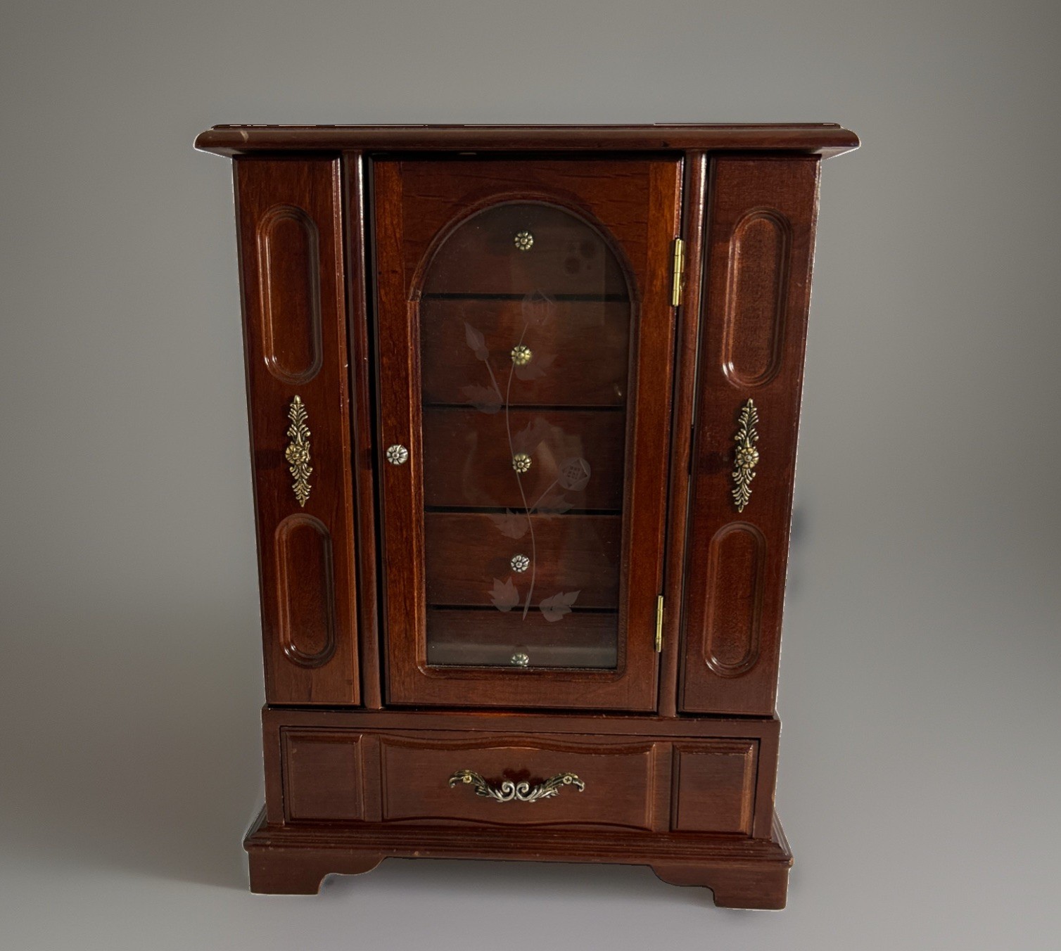 Vintage Wooden Jewelry Box Armoire Style Etched Glass Door Felt Lined Inside