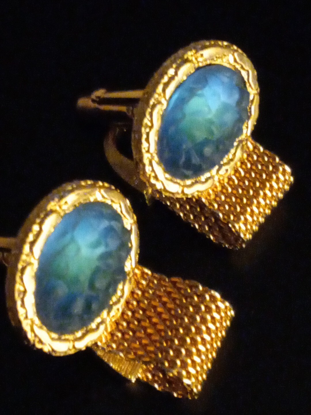Unique Moon Glow Goldtone Cufflinks. Blue Green