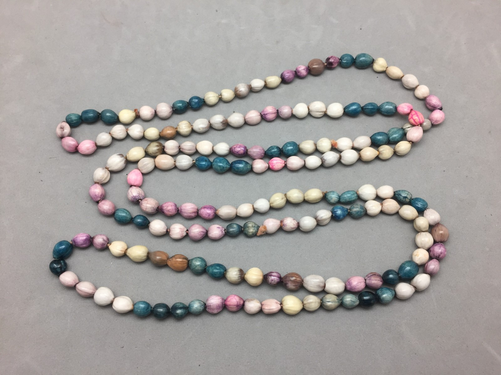 Vintage Multicolor Dyed Job’s Tears Seeds Beaded Necklace 67″ Continuous Wrap