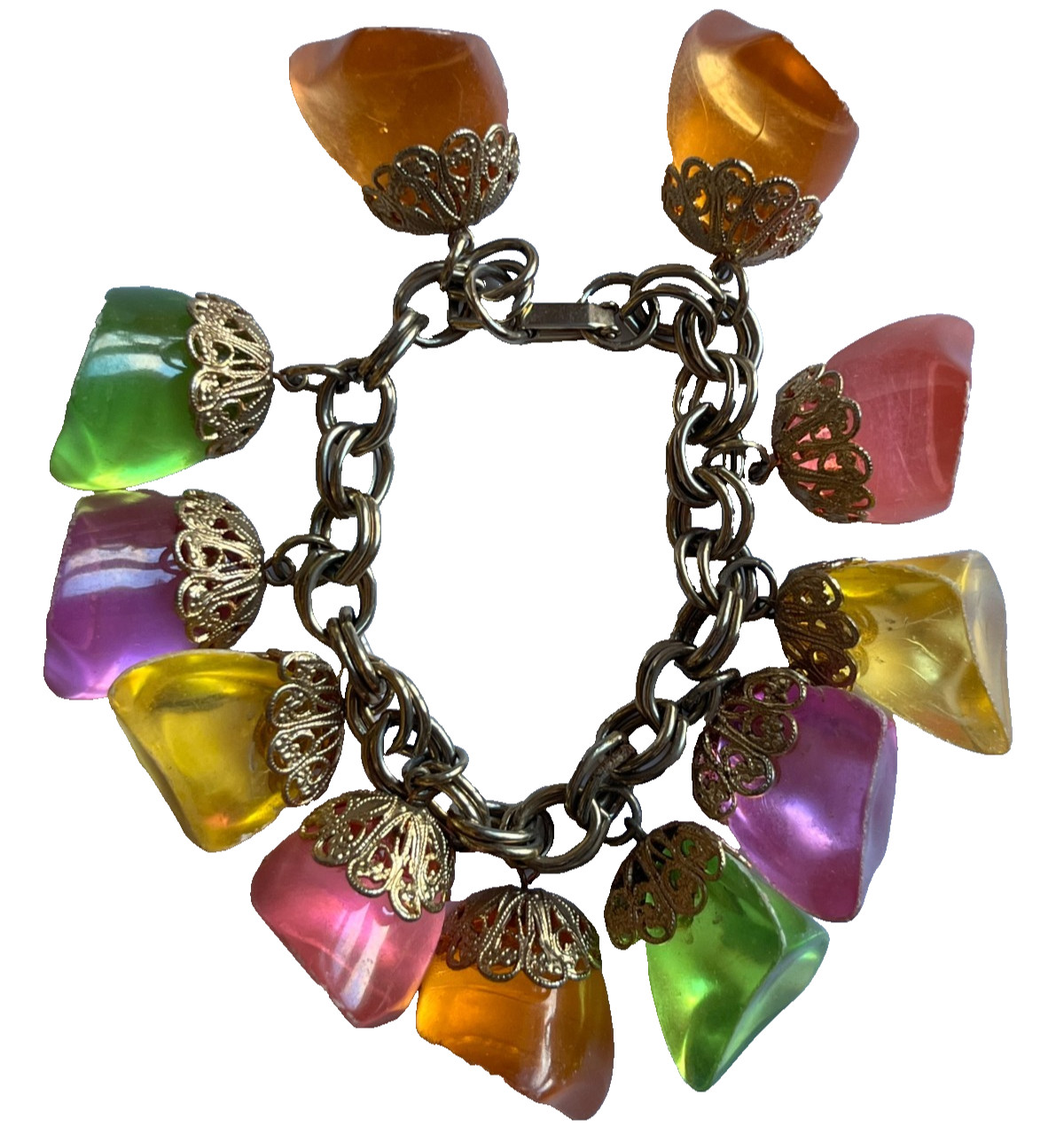Vintage Lucite Charm Double Link Dangle Bracelet Pastel Pink Green Orange Yellow