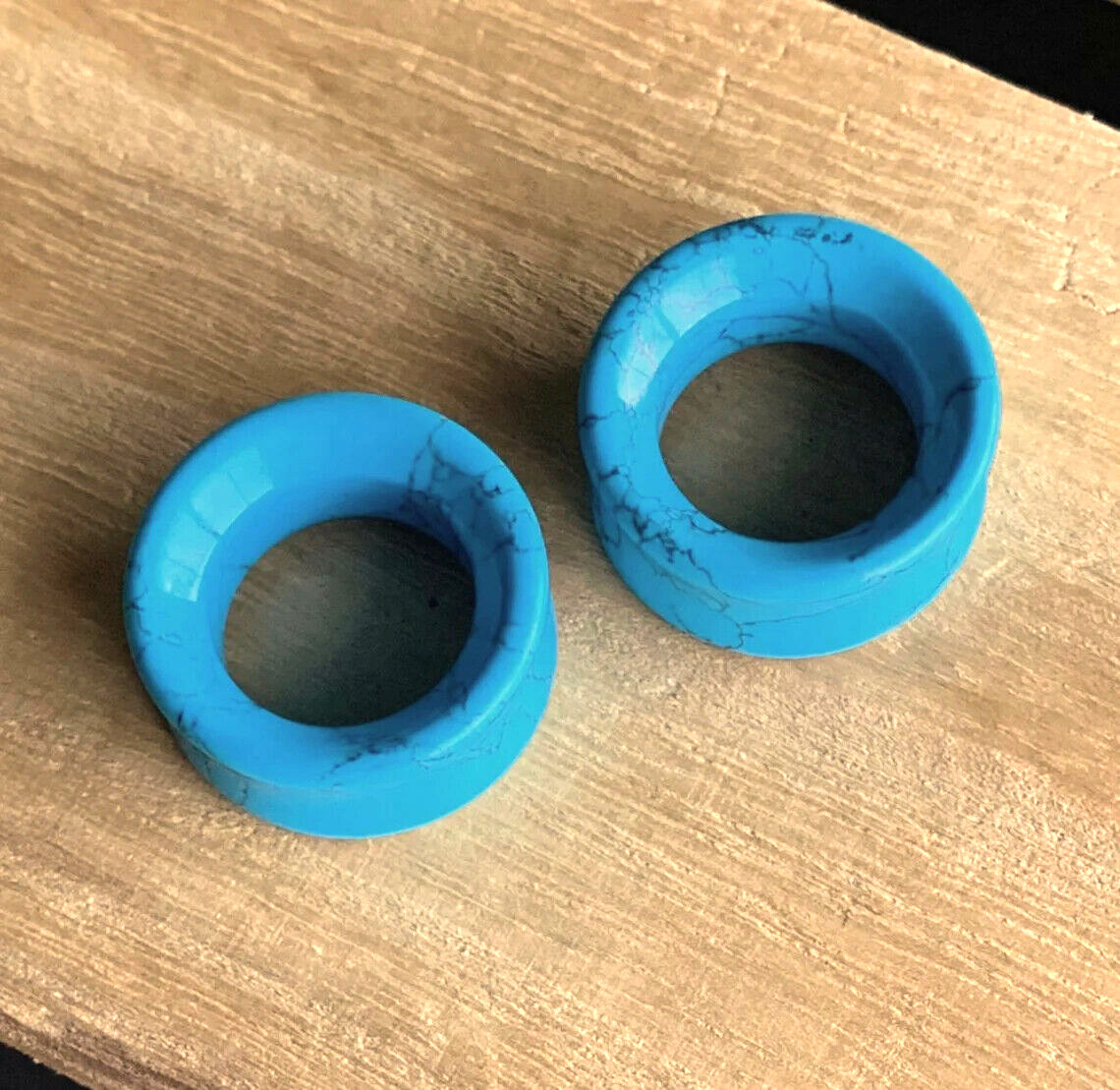 PAIR Synthetic Turquoise Stone Tunnels Double Flare Plugs Earlets Gauges