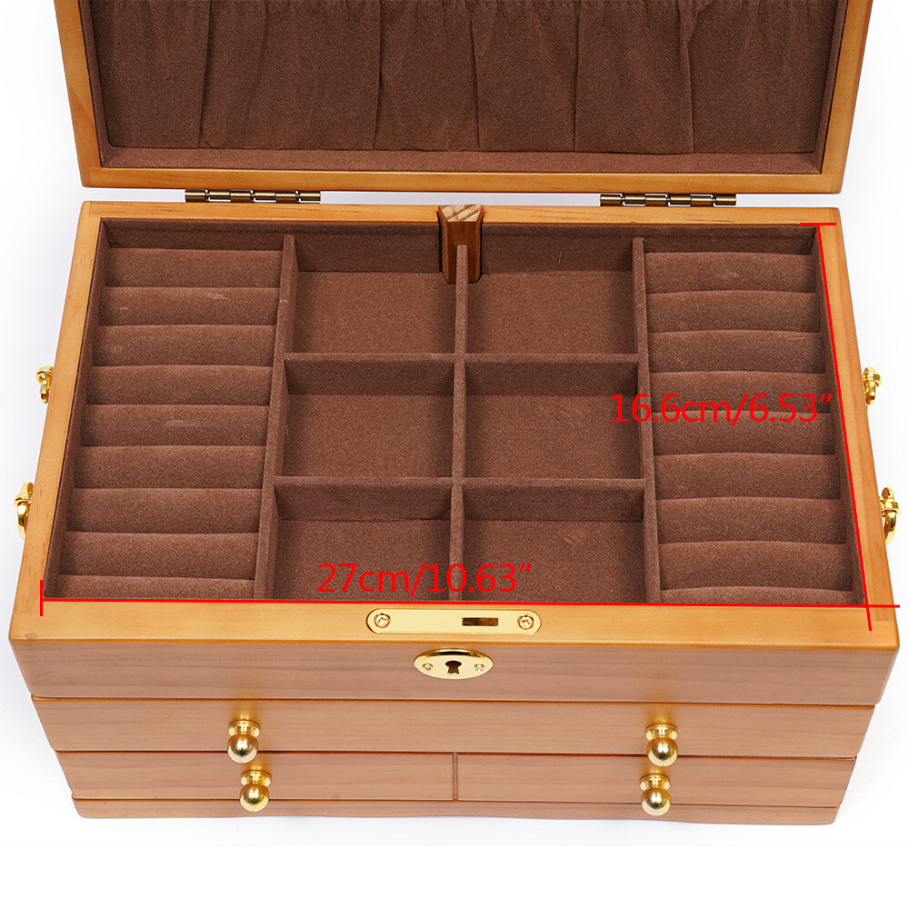 Large Capacity Wooden Jewelry Box 3 Layers + Safe Lock Retro Organizer Case
