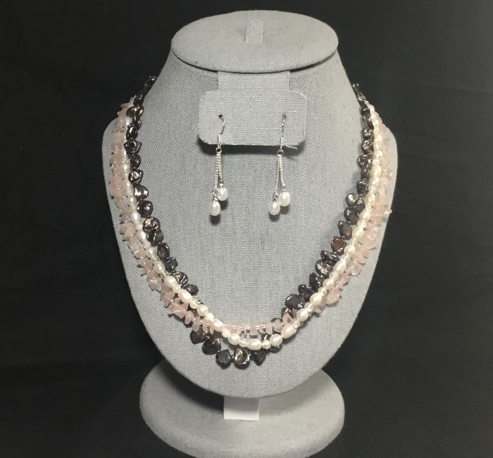 Jewelry set, 18″ necklace real pearls rose quartz, plum shell, pearl earrings
