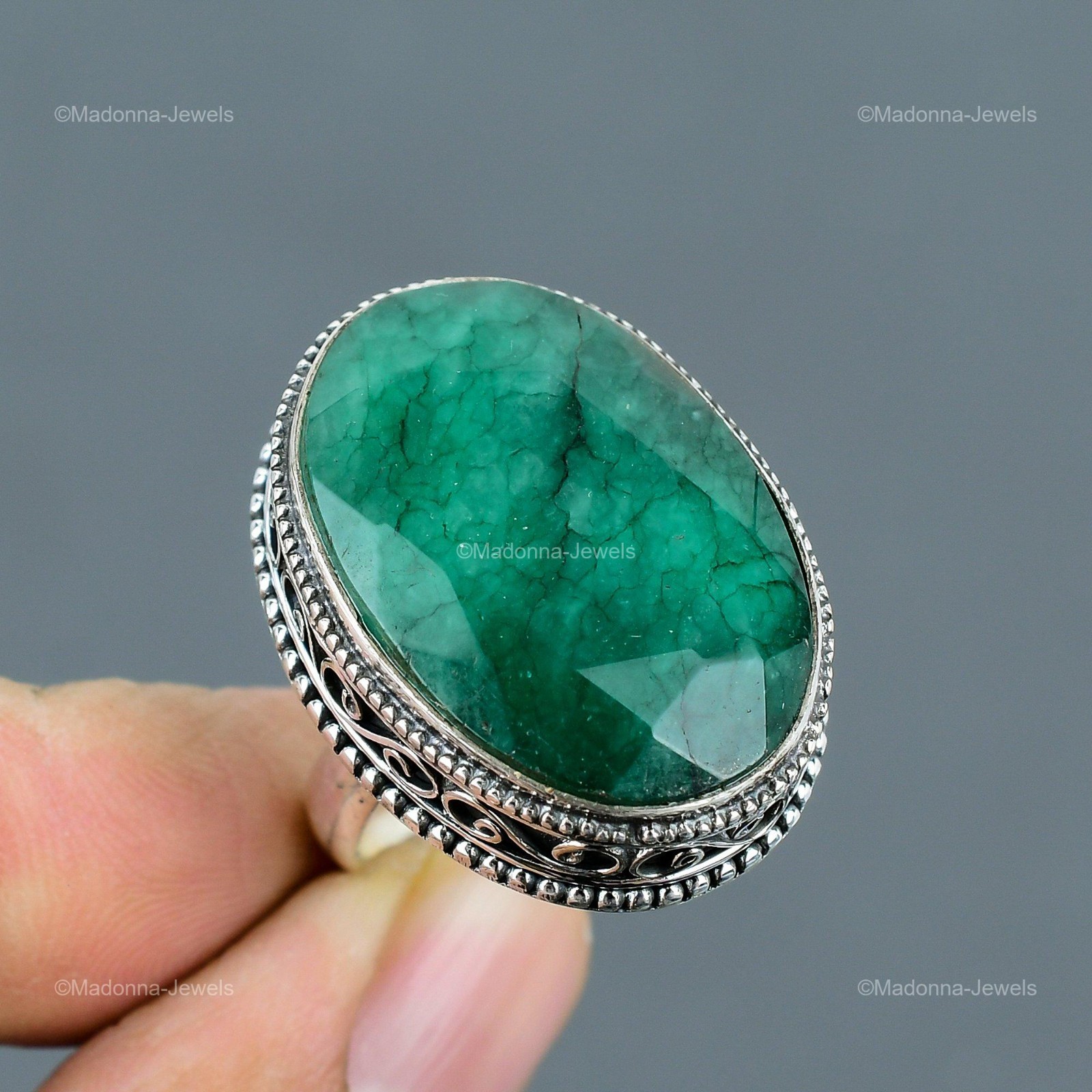 925 Sterling Silver Zambian Emrald Stone Birthday Statement Vintage Ring Jewelry