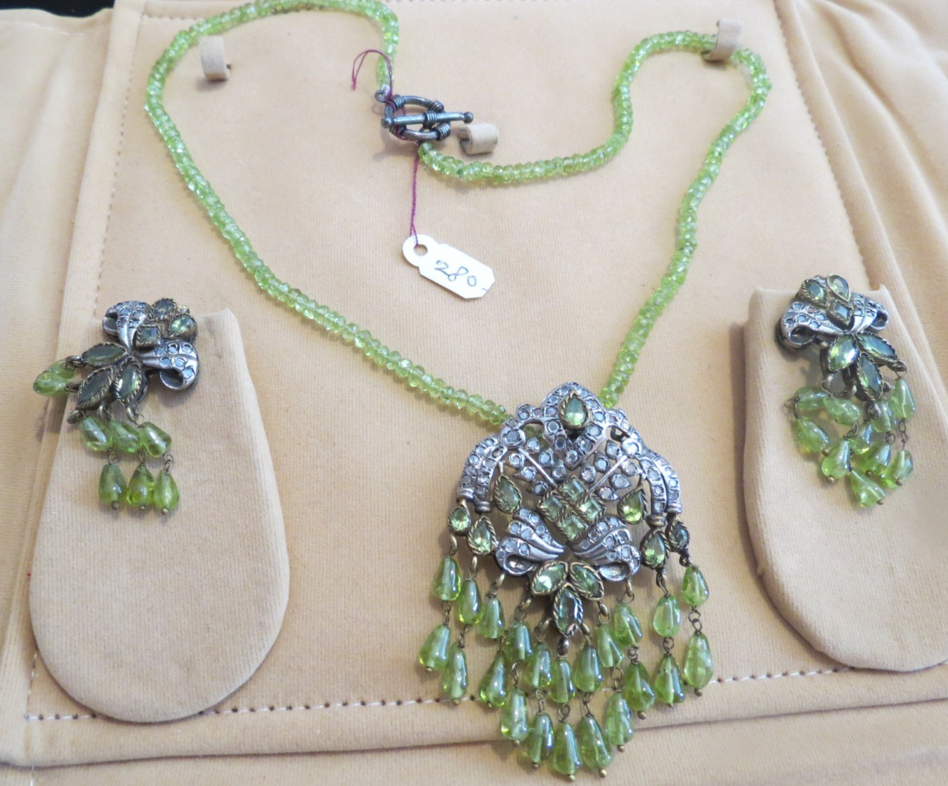 Vtg Chinese Export Green Glass Beads Silver Dangle Necklace & Pierced Earrings