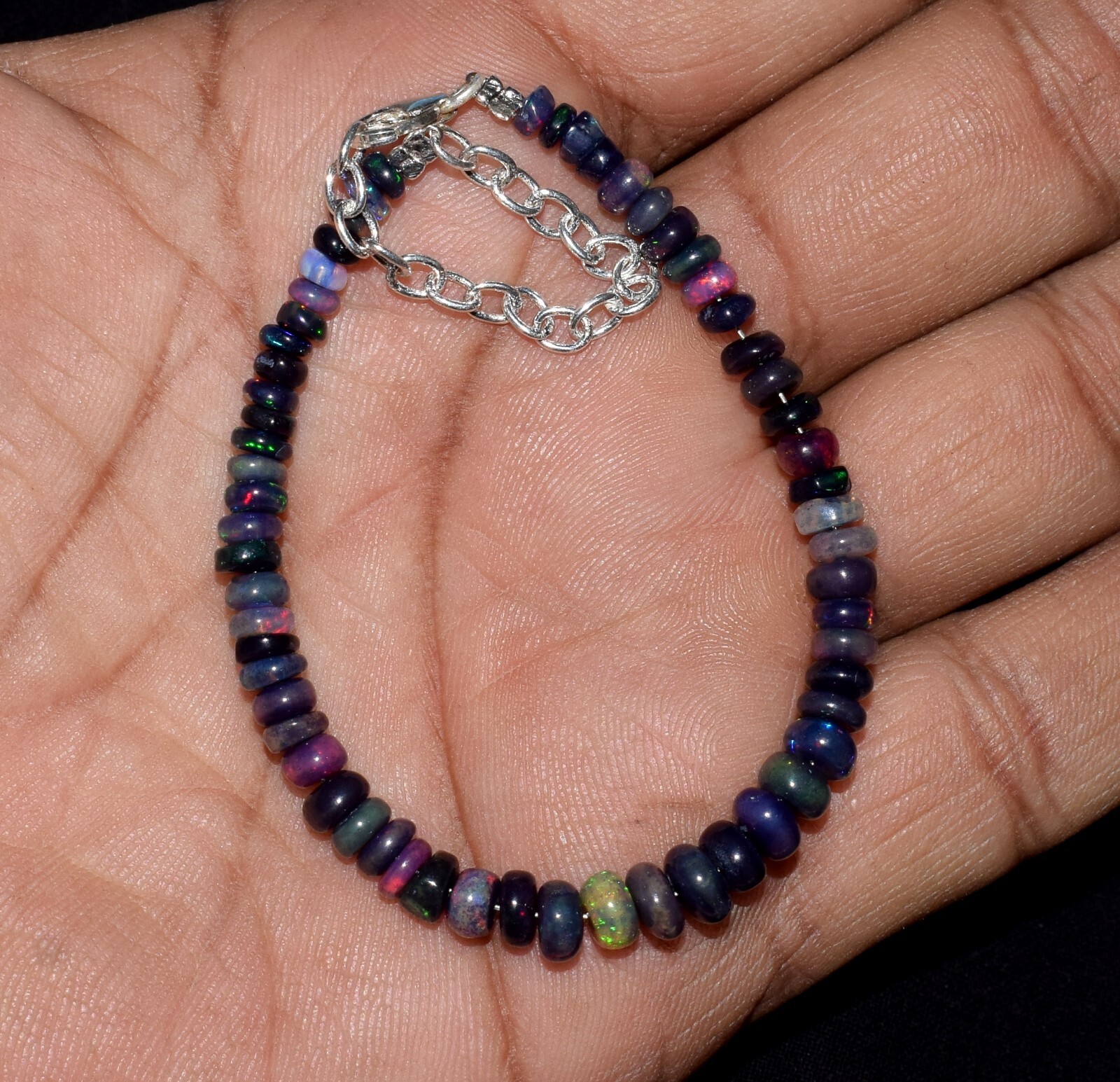 925 Sterling Silver 100%Natural Ethiopian Opal 3To5MM Beads 7″Bracelet F2005