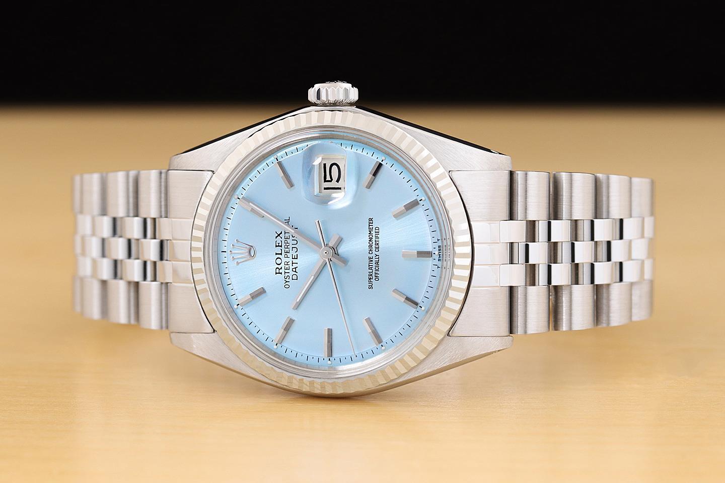 ROLEX DATEJUST ICE BLUE 36MM 18K WHITE GOLD STEEL MENS JUBILEE WATCH