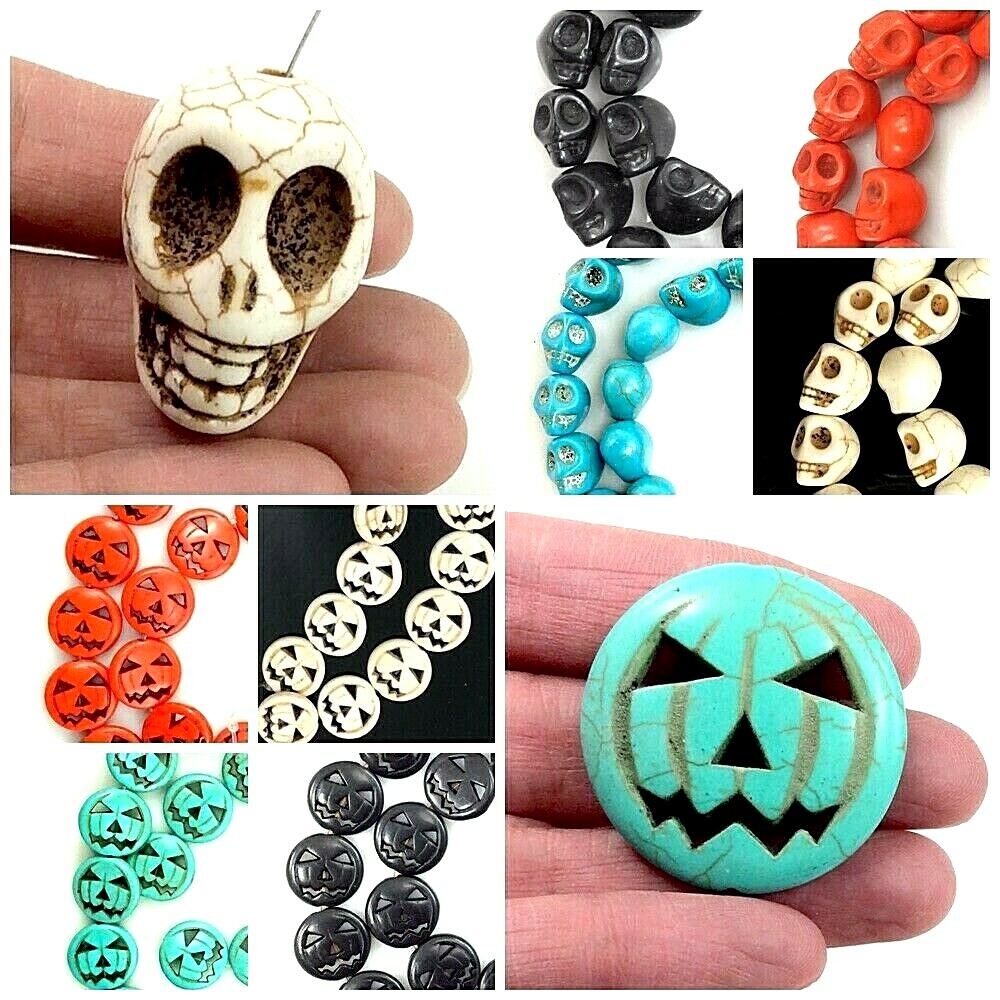 Halloween Decor Howlite Skull Magnesite Turquoise Pumpkin Beads 15″ Bracelet