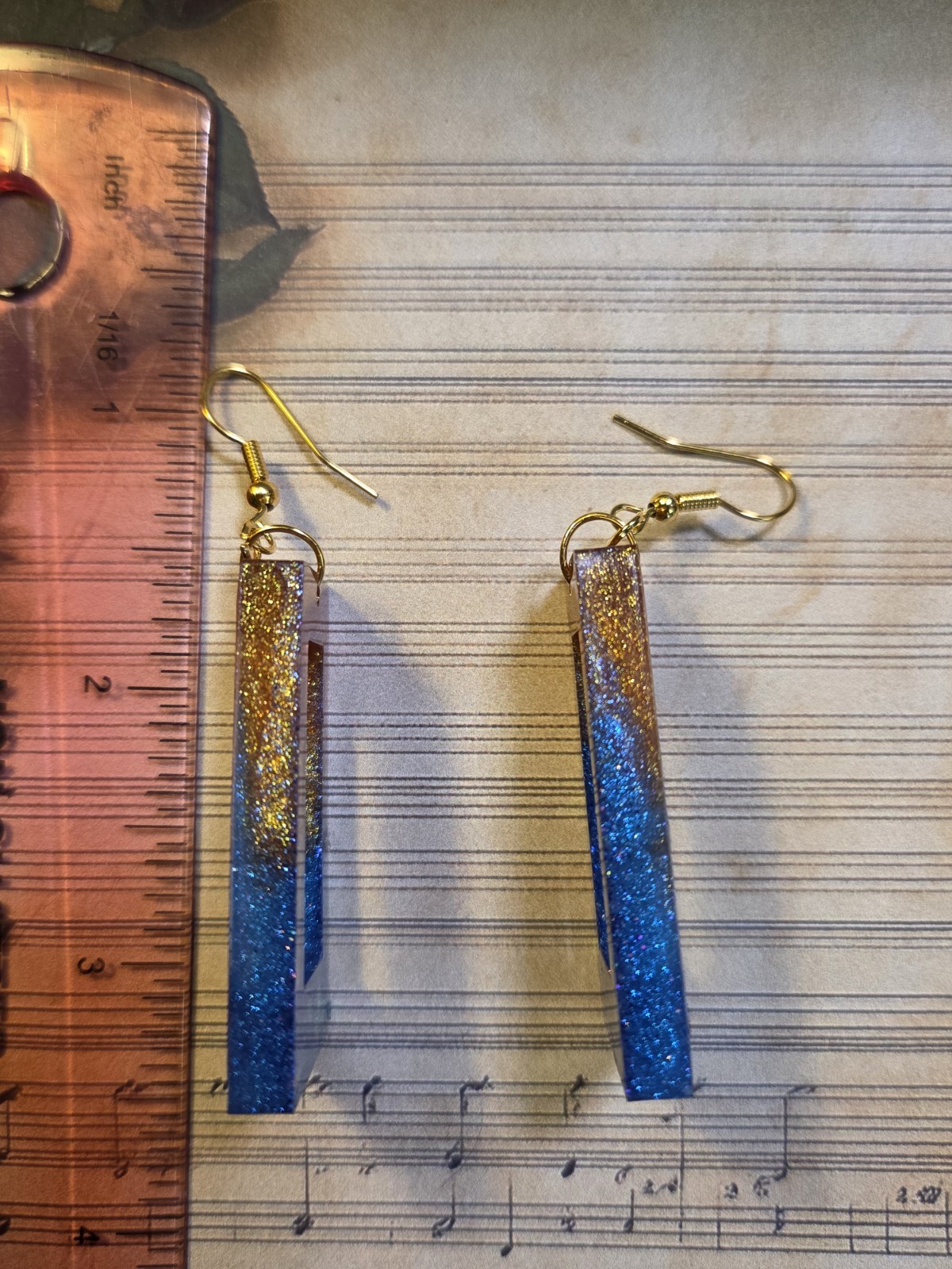 Blue & Gold Glitter Resin Rectangle Frame Dangle Earrings Ombre Effect 3 inch