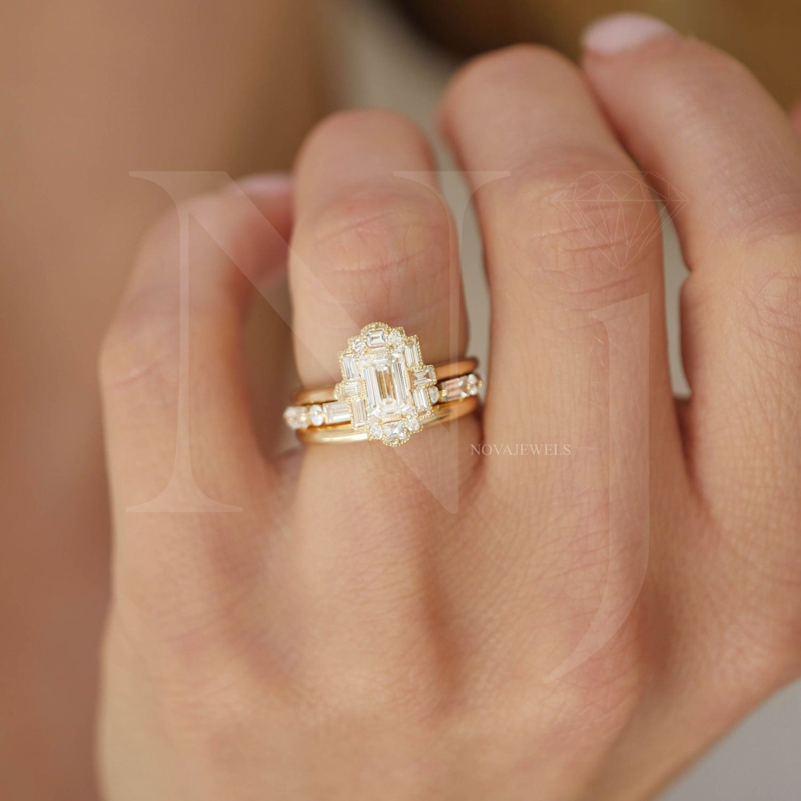 0.75 CT Emerald Cut Moissanite Engagement Ring 14K Yellow Gold Plated For Women