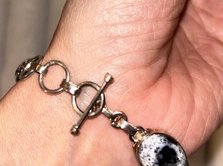 925 Sterling Silver Toggle Bracelet Black & White Dendritic Opal 7 to 8 in. Rare