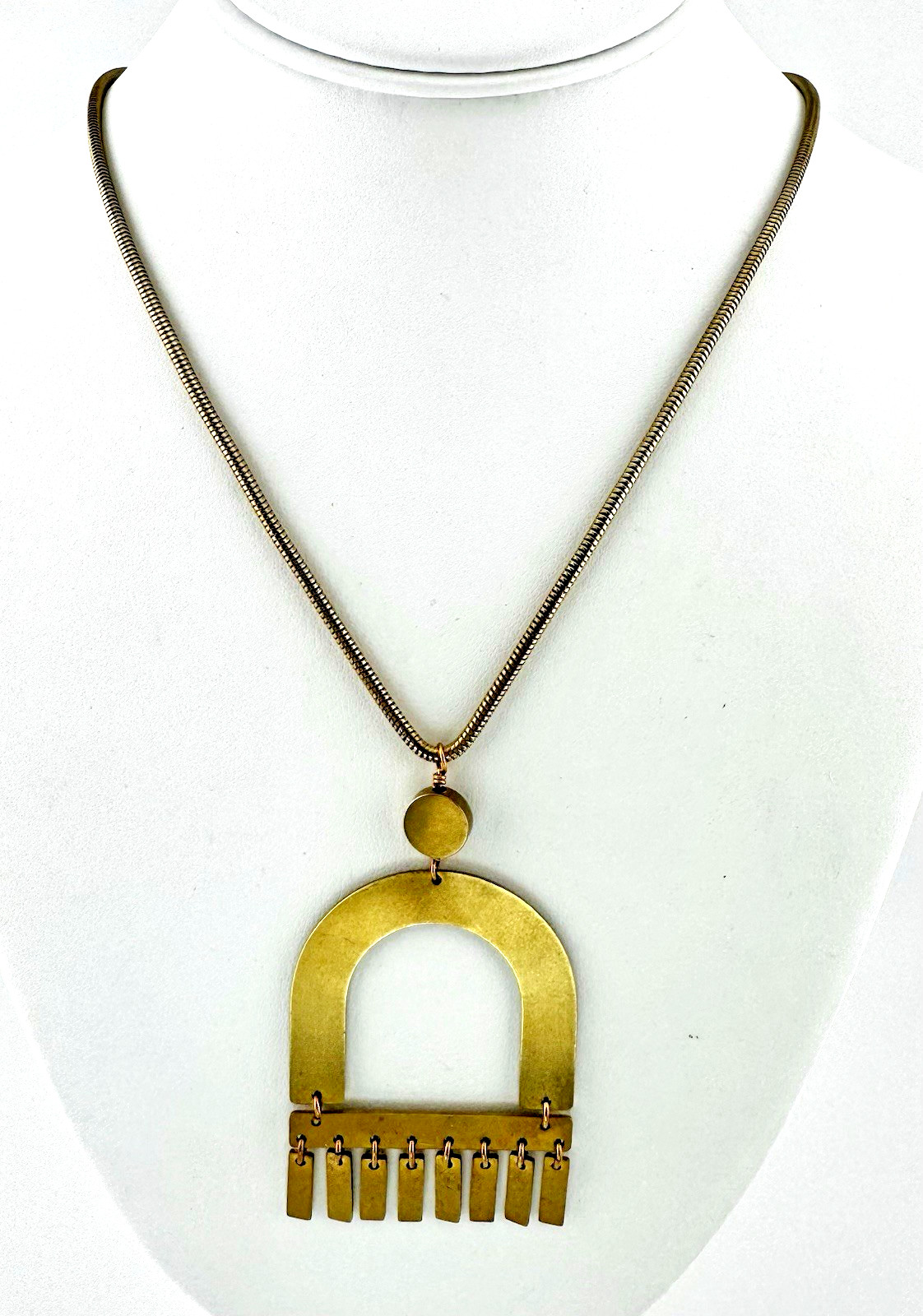 Larissa Loden Brass Statement Necklace Geometric Arch Fringe Pendant Boho