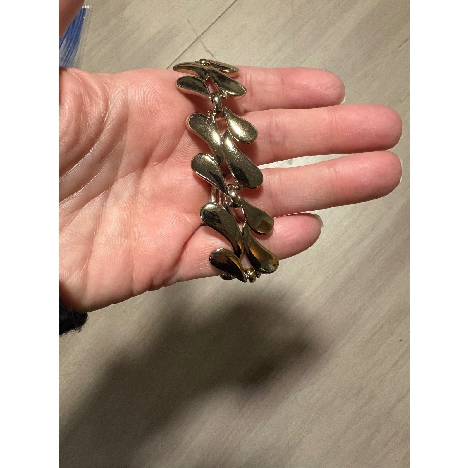 Vintage Monet Gold Tone Leaf Link Bracelet with Safety Chain Polished Finish