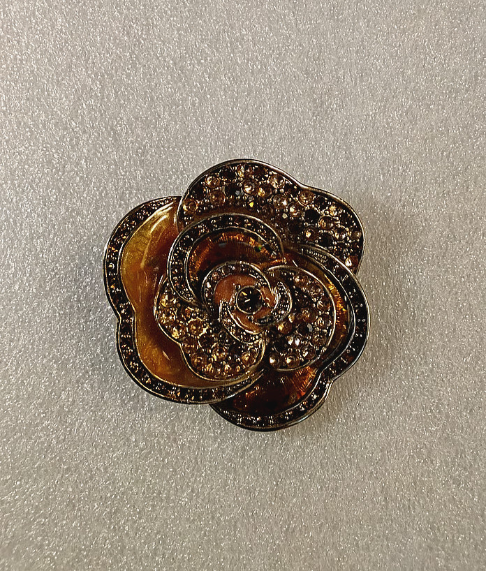 Liz Claiborne Gold-Tone Enamel and Amber Rhinestone Rose Brooch