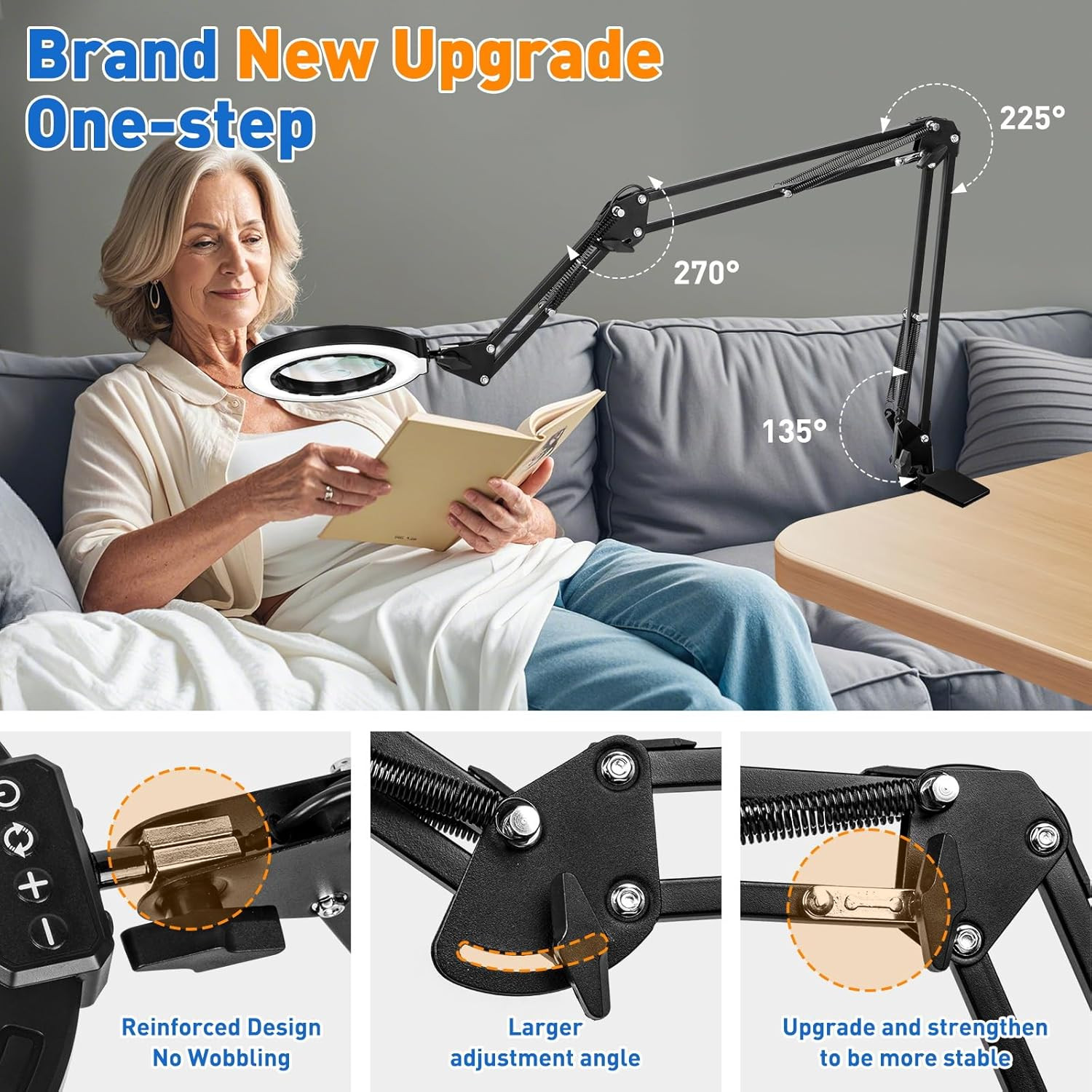 Ultra Long 3-Section Swing Arm 12X Magnifying Glass with Light and Stand, 4-Way