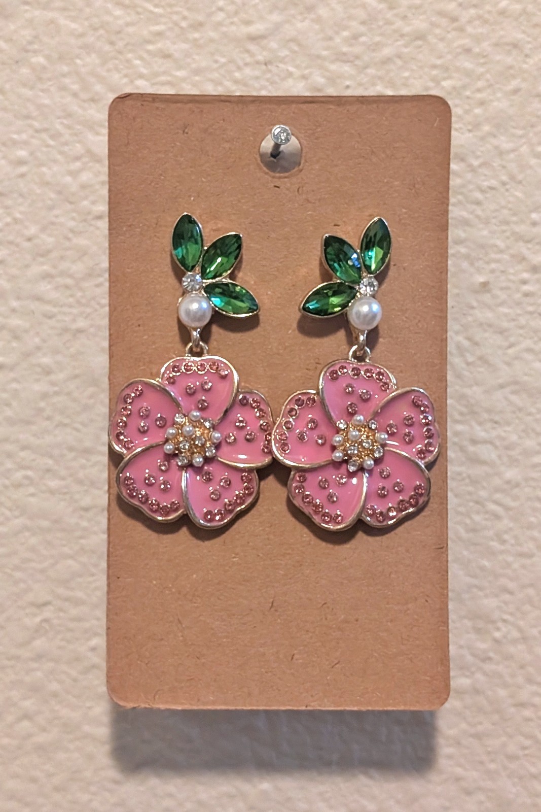 Pink Flower Green Leaf Rhinestone Dangle Drop Earrings White Pearl Pair