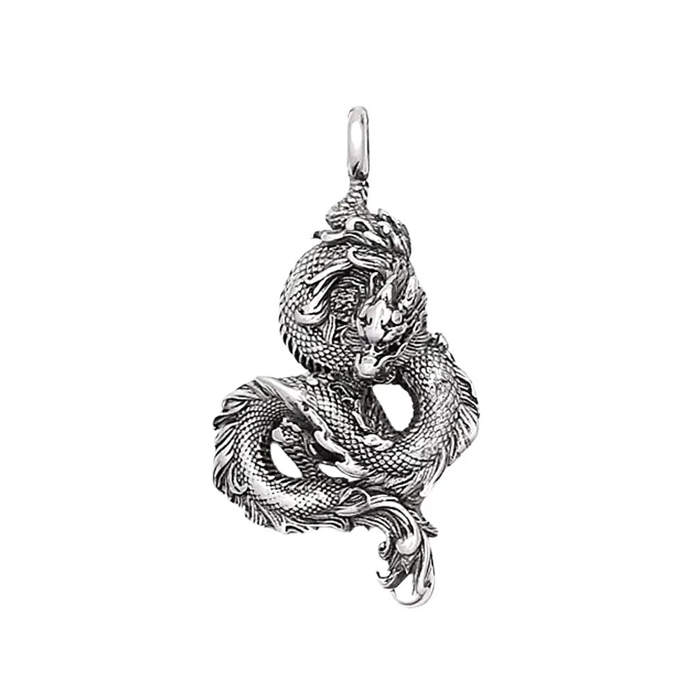 Antique Gold Silver Two Tone Stainless Steel Chinese Dragon Amulet Necklace Punk