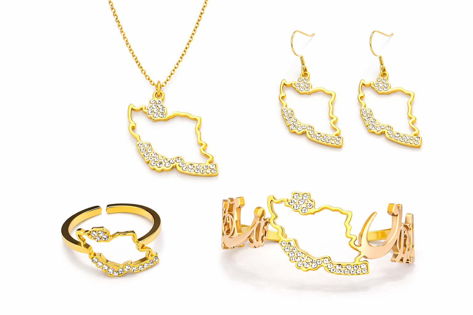 NASIMA Iran Map Jewelry Set 18K Gold Plated Necklace Ring Bracelet Earrings Gift