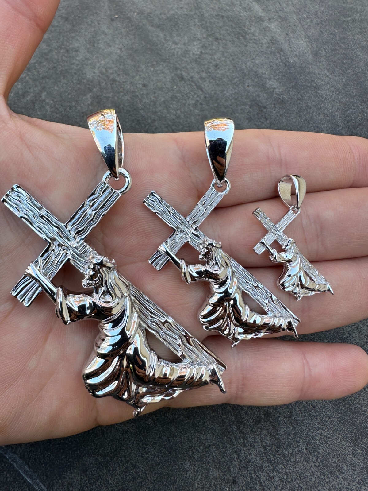 Jesus Carrying Cross Plain Crucifix Pendant Necklace 925 Sterling Silver 3 Sizes