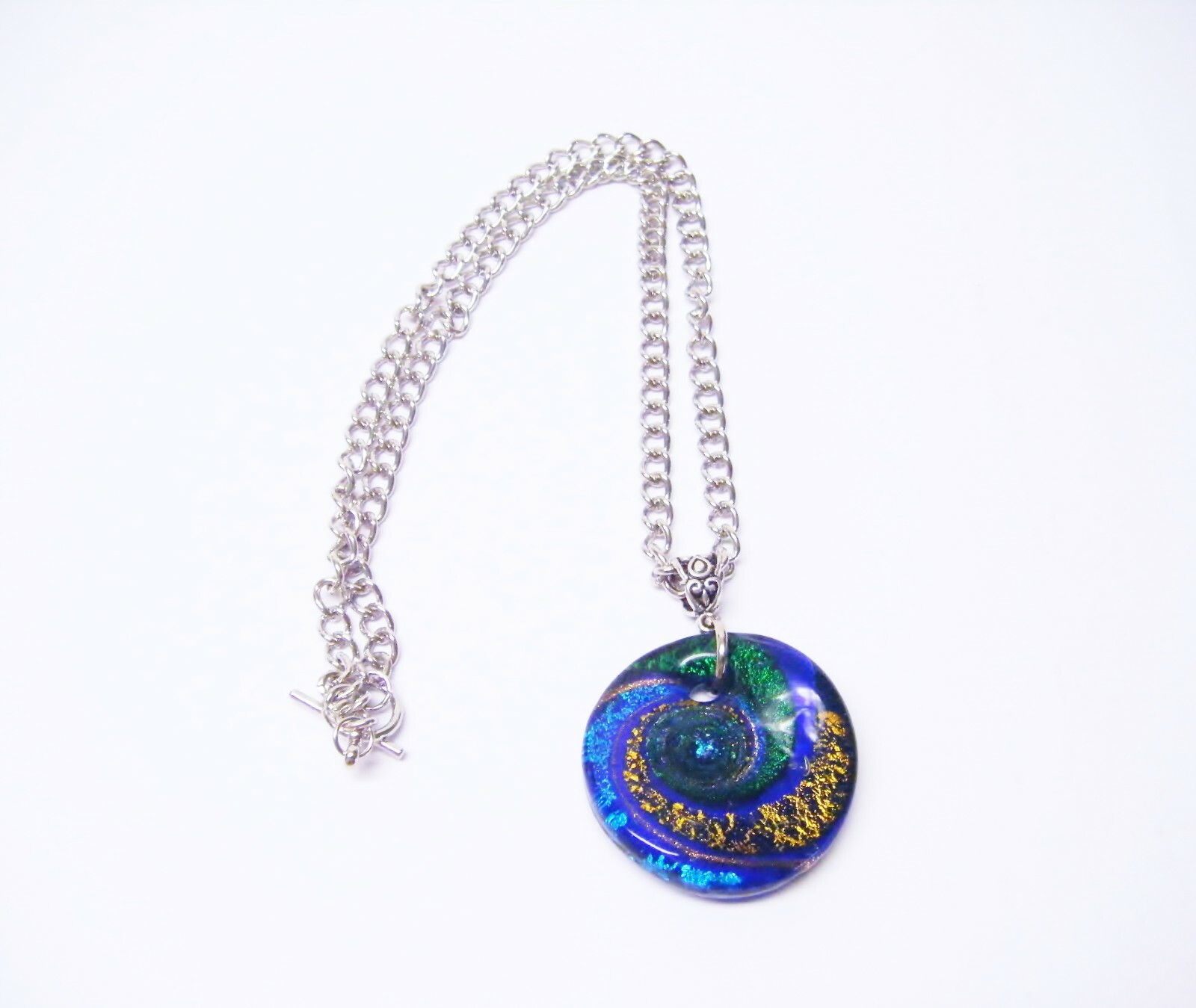 Round Green/Blue/Black & Gold Swirl Pendant Necklace