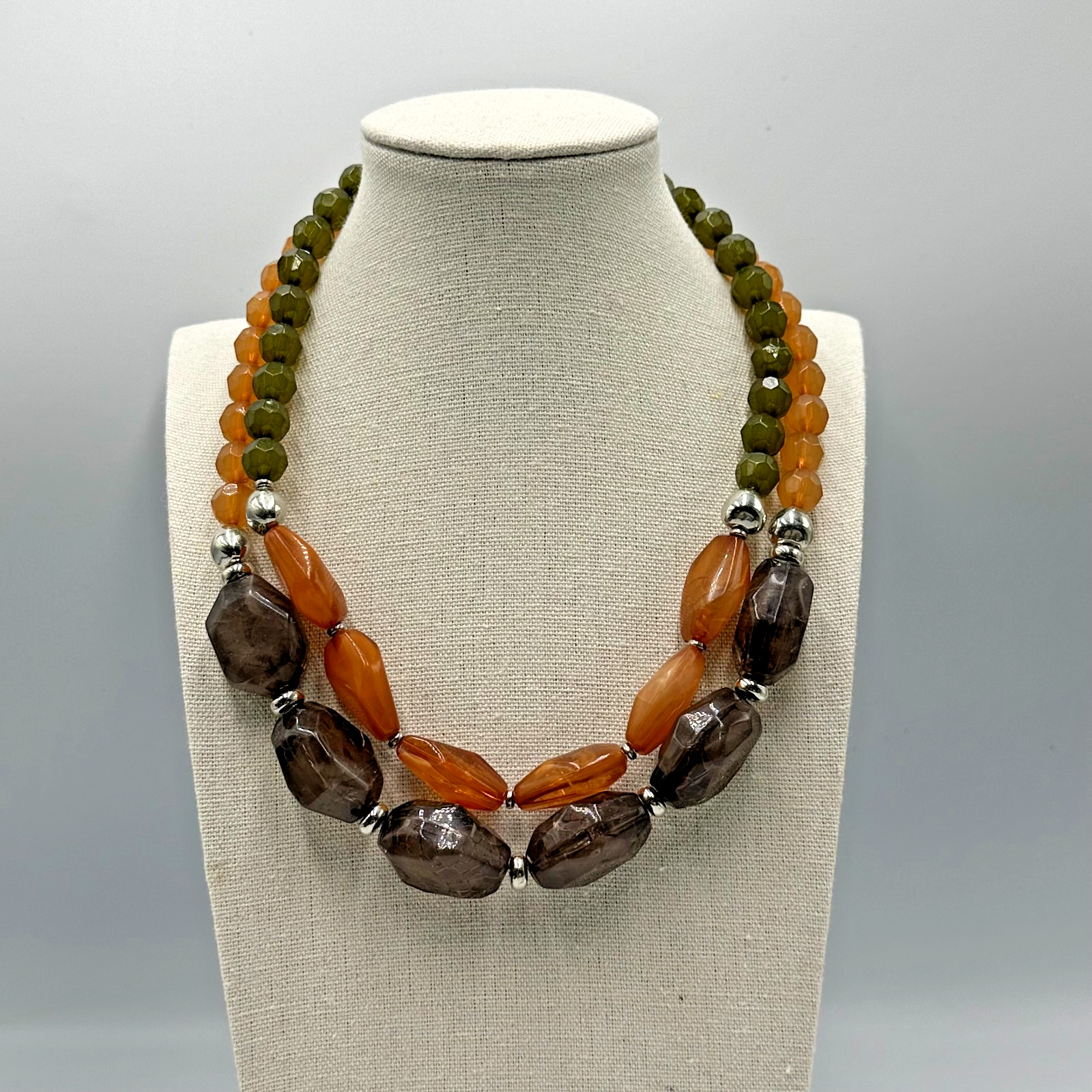 Multicolored Bead Necklace Silver Tone Orange Brown Green Color Block 2 Strand