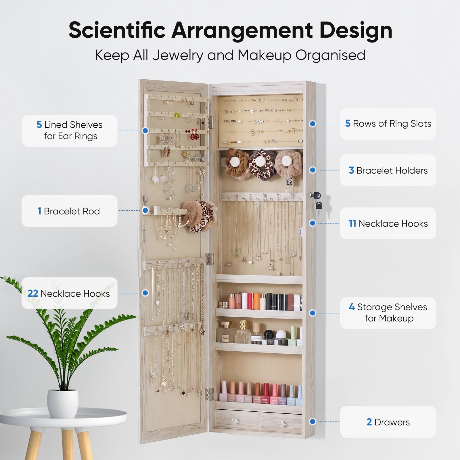 Lockable Jewelry Cabinet Organizer w/Full Length Mirror,Wall Mount Hanging Door