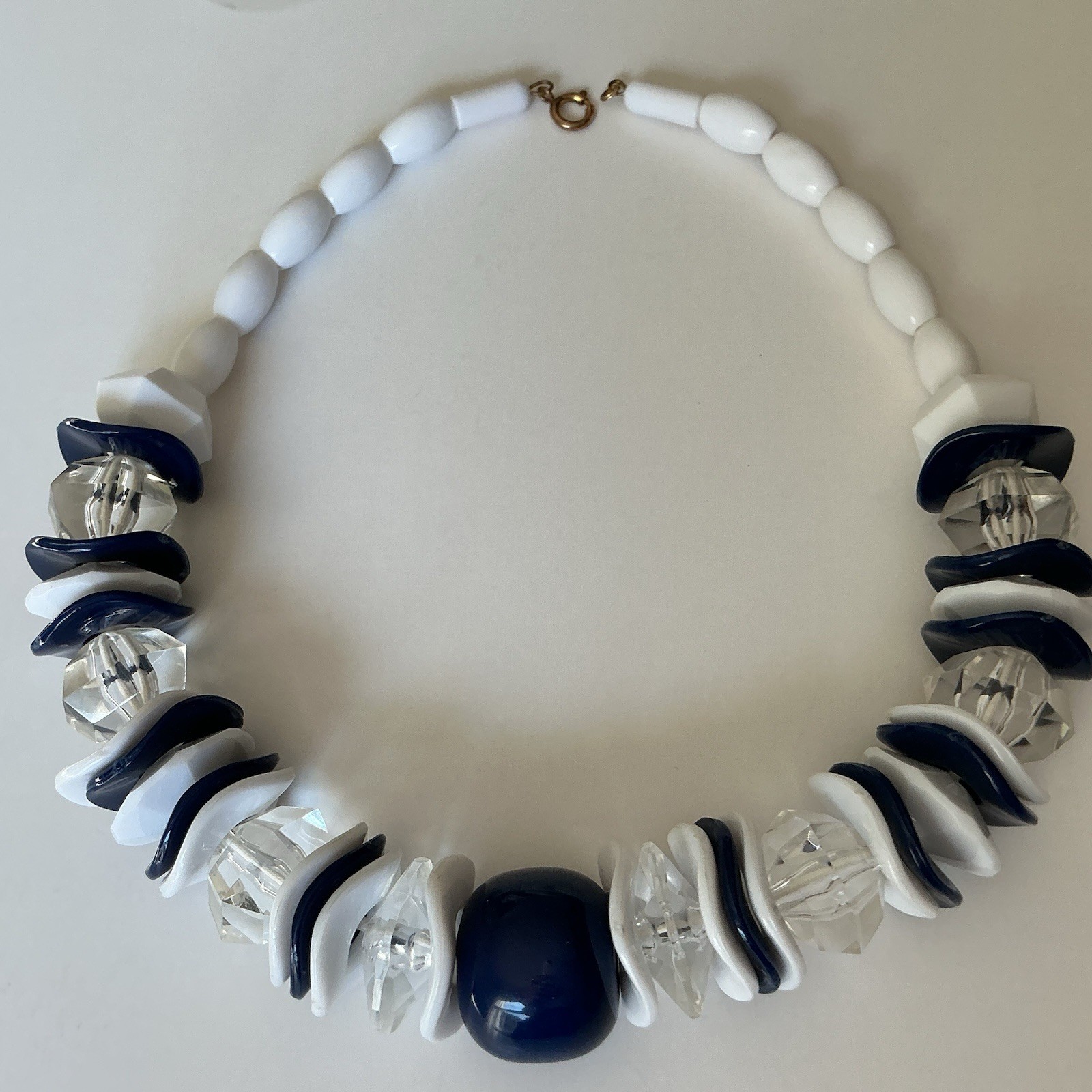VTG Rare Necklace Statement Chunky White Blue Clear Lucid Bead 19″ Czech Rep New