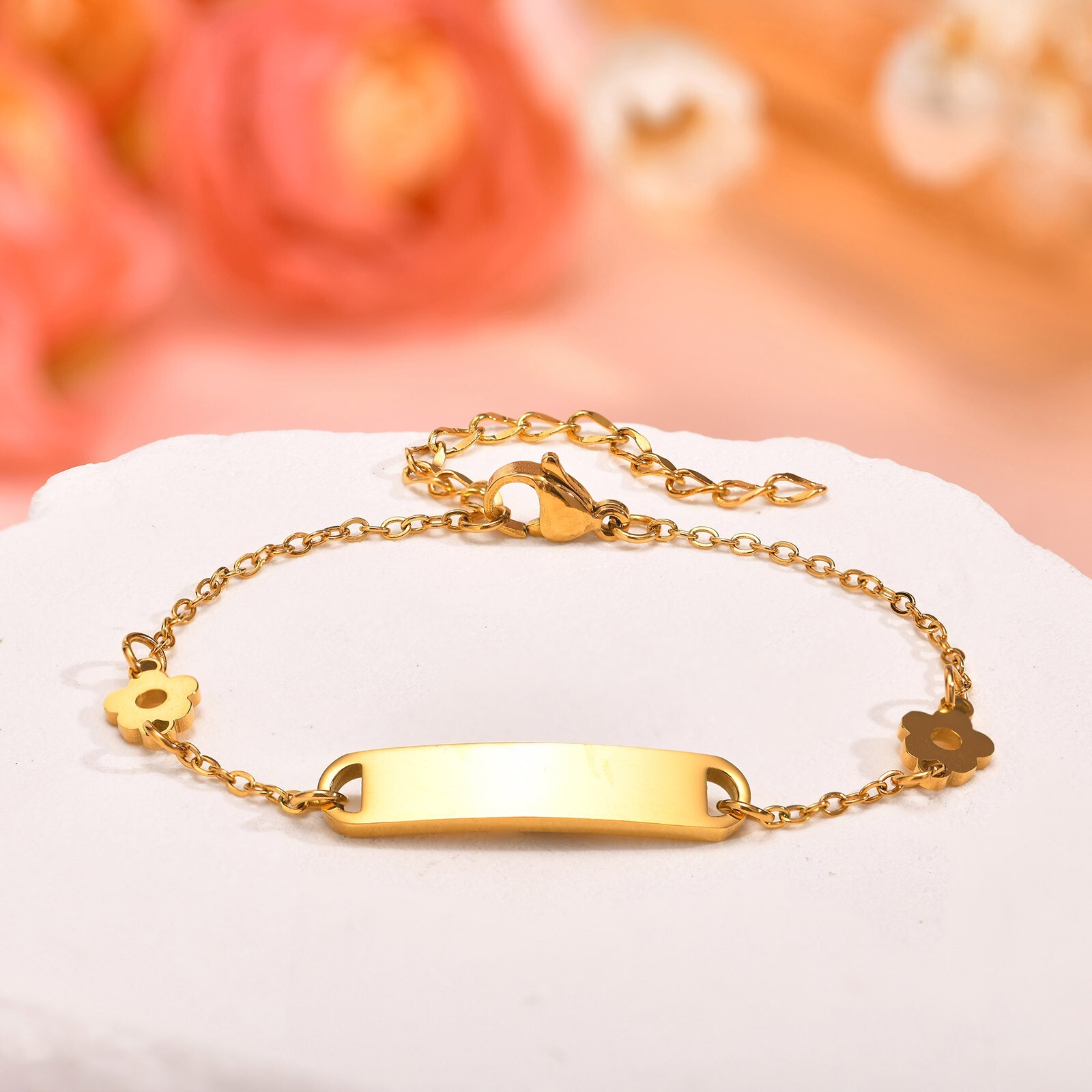 Fashion Stainless Steel Flat Cross Chain Flower ID Bracelet Female Golden 8.26in