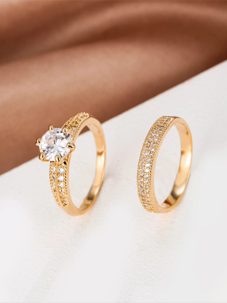 2pcs CZ Ring Set Women Engagement Wedding Band Cubic Zirconia Jewelry Gift
