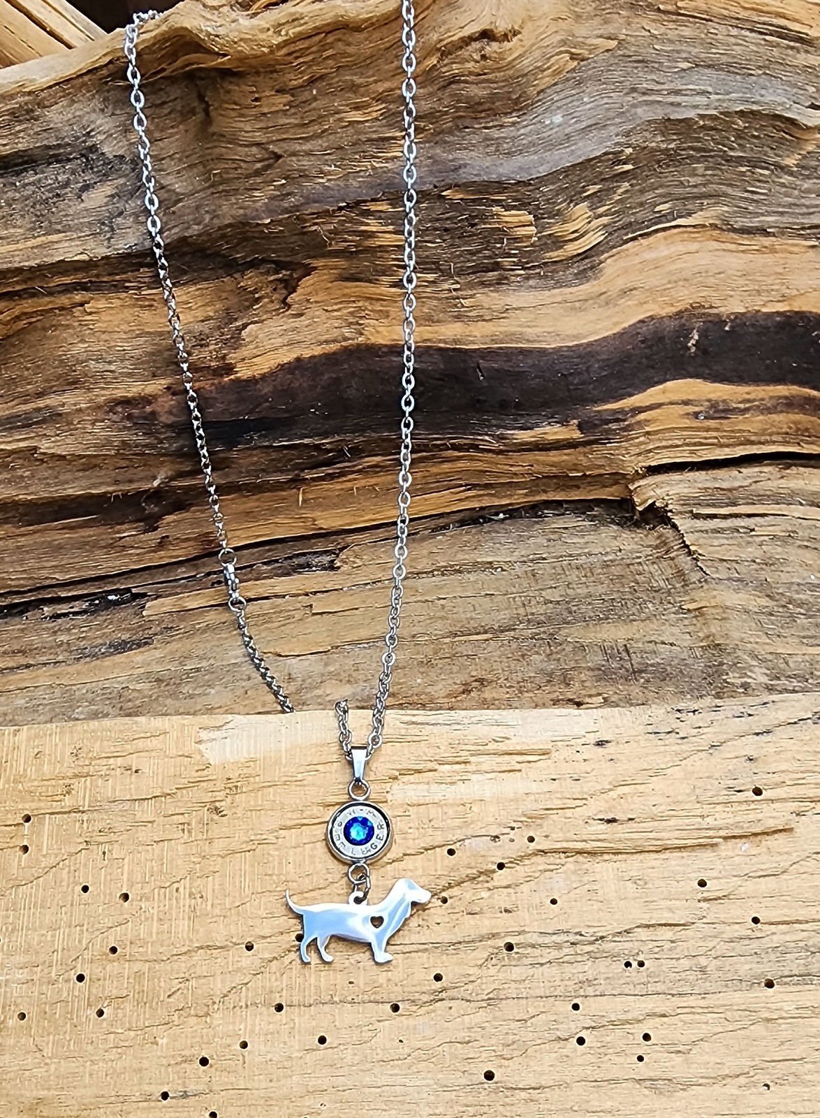 Stainless Steel Bullet Necklace with Dachshund Charms. Optional Crystal.