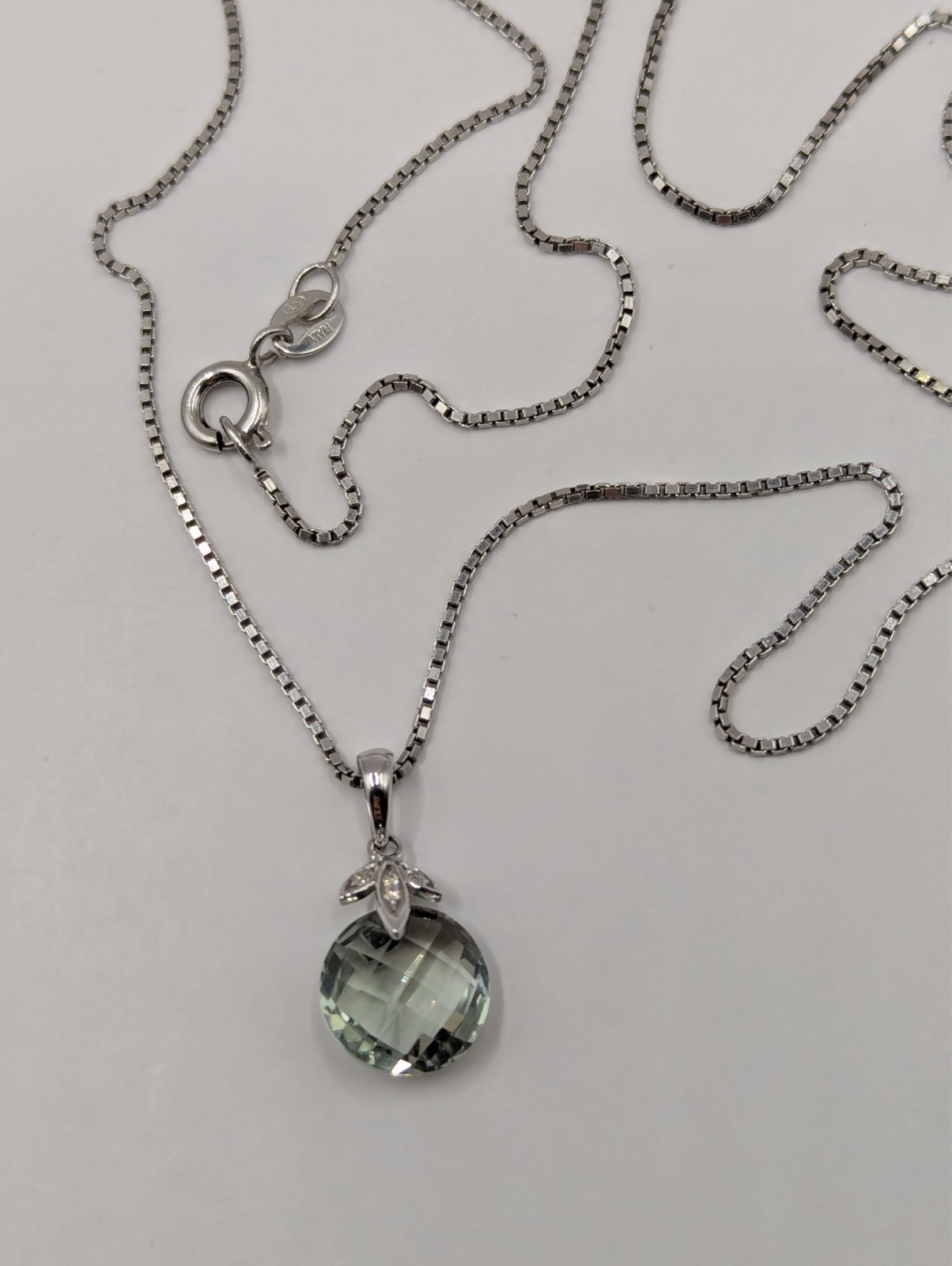 Peora 14k white gold diamond and green amethyst pendant