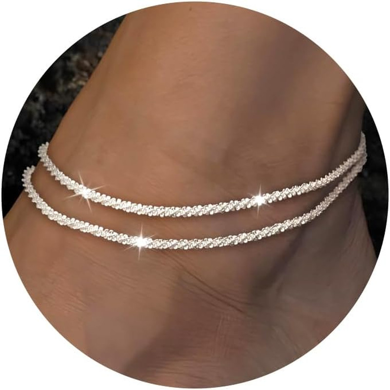 Silver Ankle Bracelets for Women Waterproof Sparkling Link Chian Anklets | Layer