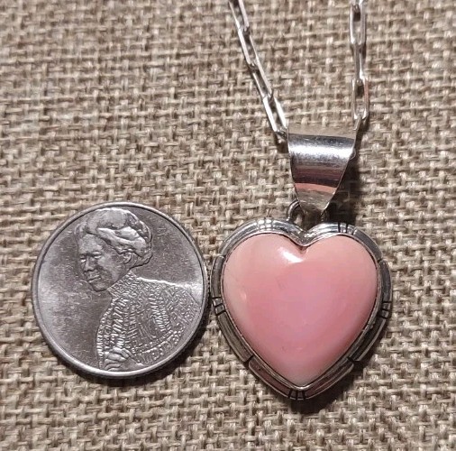 New Large Navajo Artist SS & Natural Pink Conch Heart Pendant with Paper Clip