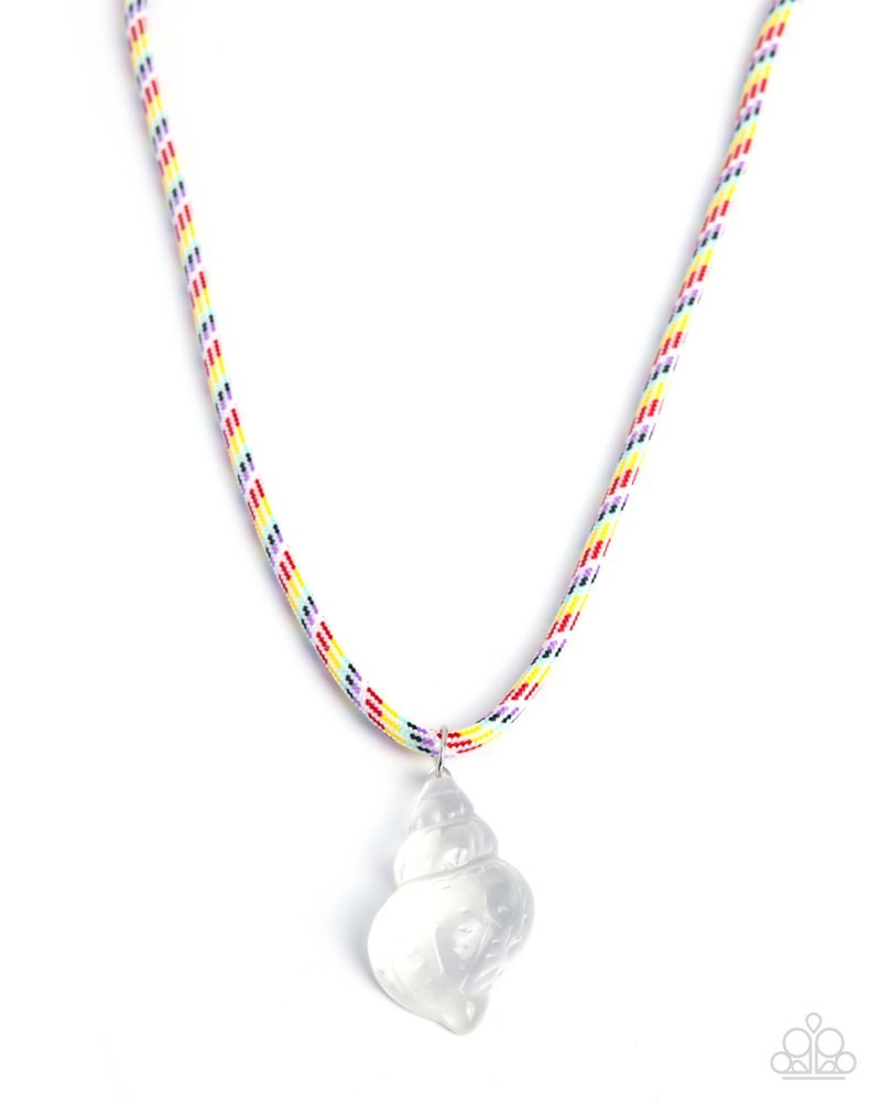 Paparazzi Swanky Shell – White – Multicolored Cord – Transparent Seashell – Neck
